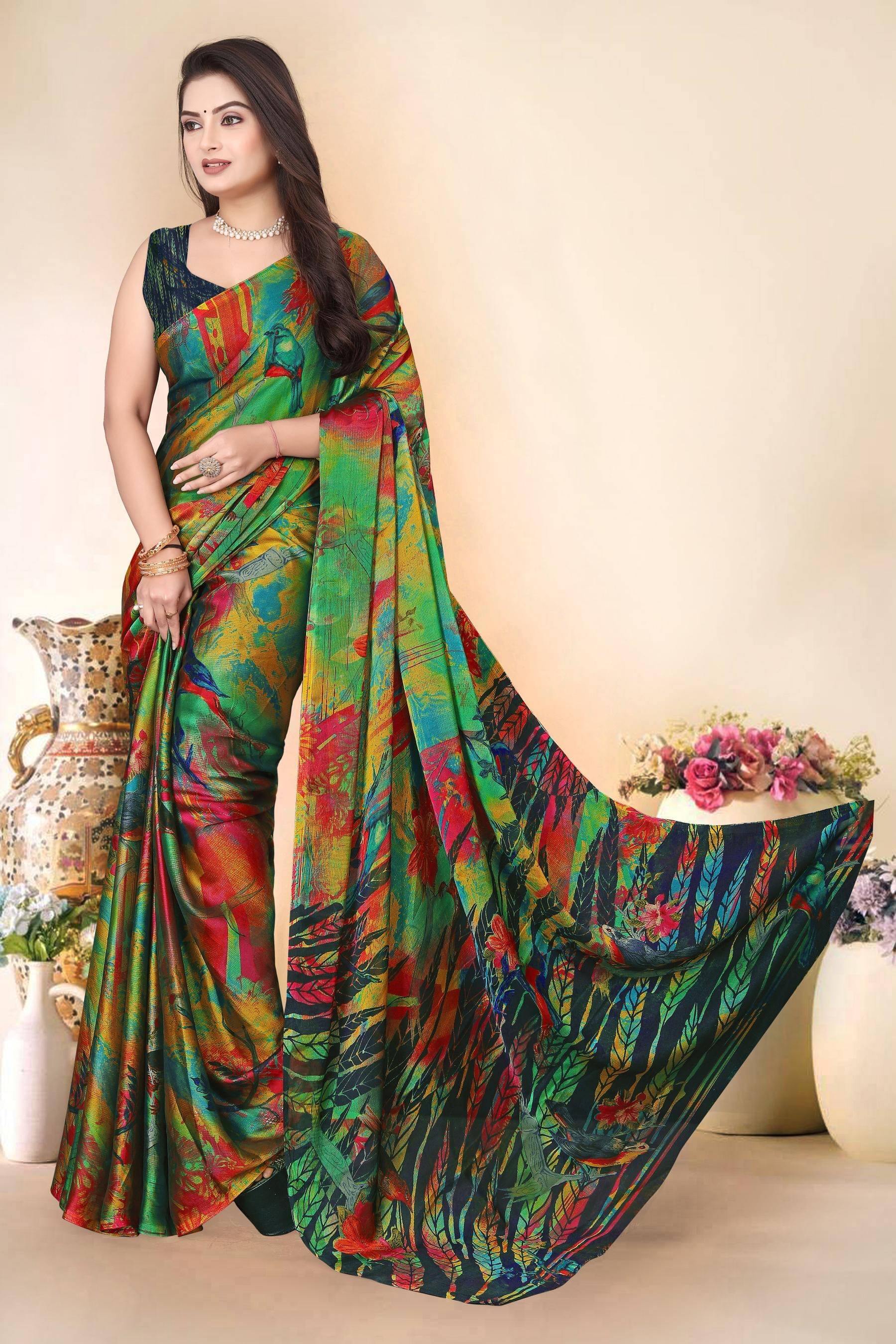Magneitta Chiffon Printed Saree With Unstitched Blouse Piece ( Blue ) Magneitta Chiffon Printed Saree With Unstitched Blouse Piece ( Blue )