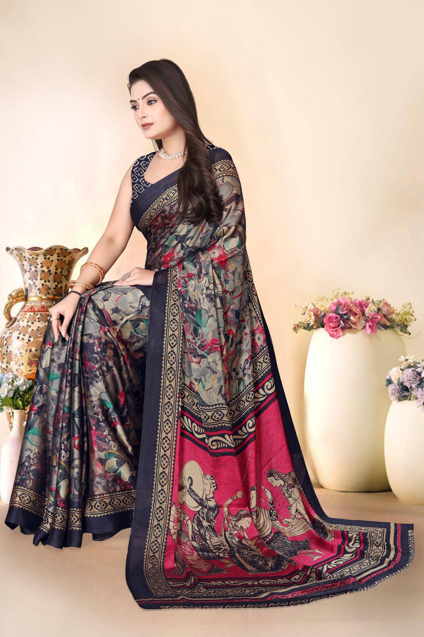 Magneitta Chiffon Printed Saree With Unstitched Blouse Piece ( Black ) Magneitta Chiffon Printed Saree With Unstitched Blouse Piece ( Black )