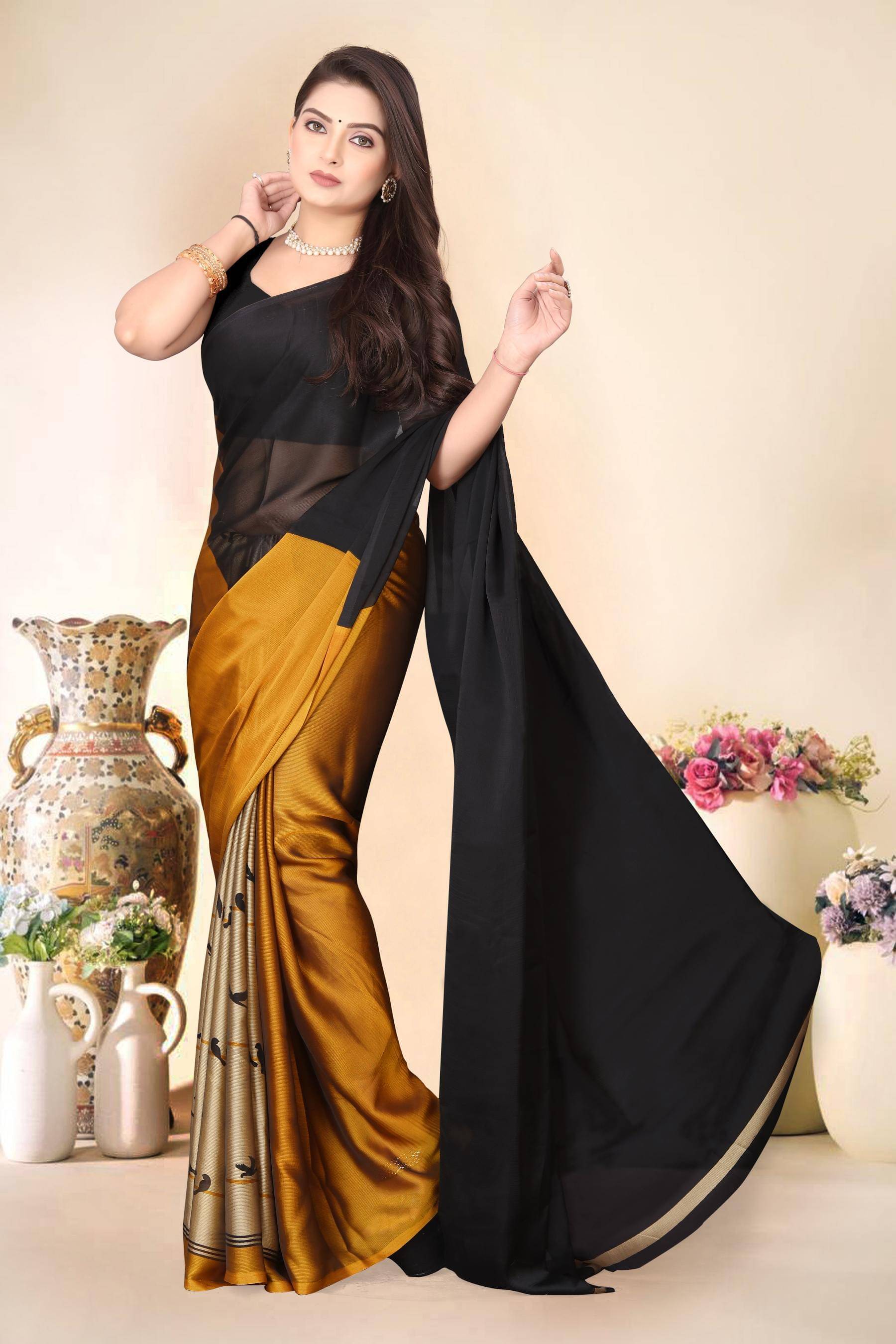 Magneitta Chiffon Printed Saree With Unstitched Blouse Piece ( Gold ) Magneitta Chiffon Printed Saree With Unstitched Blouse Piece ( Gold )