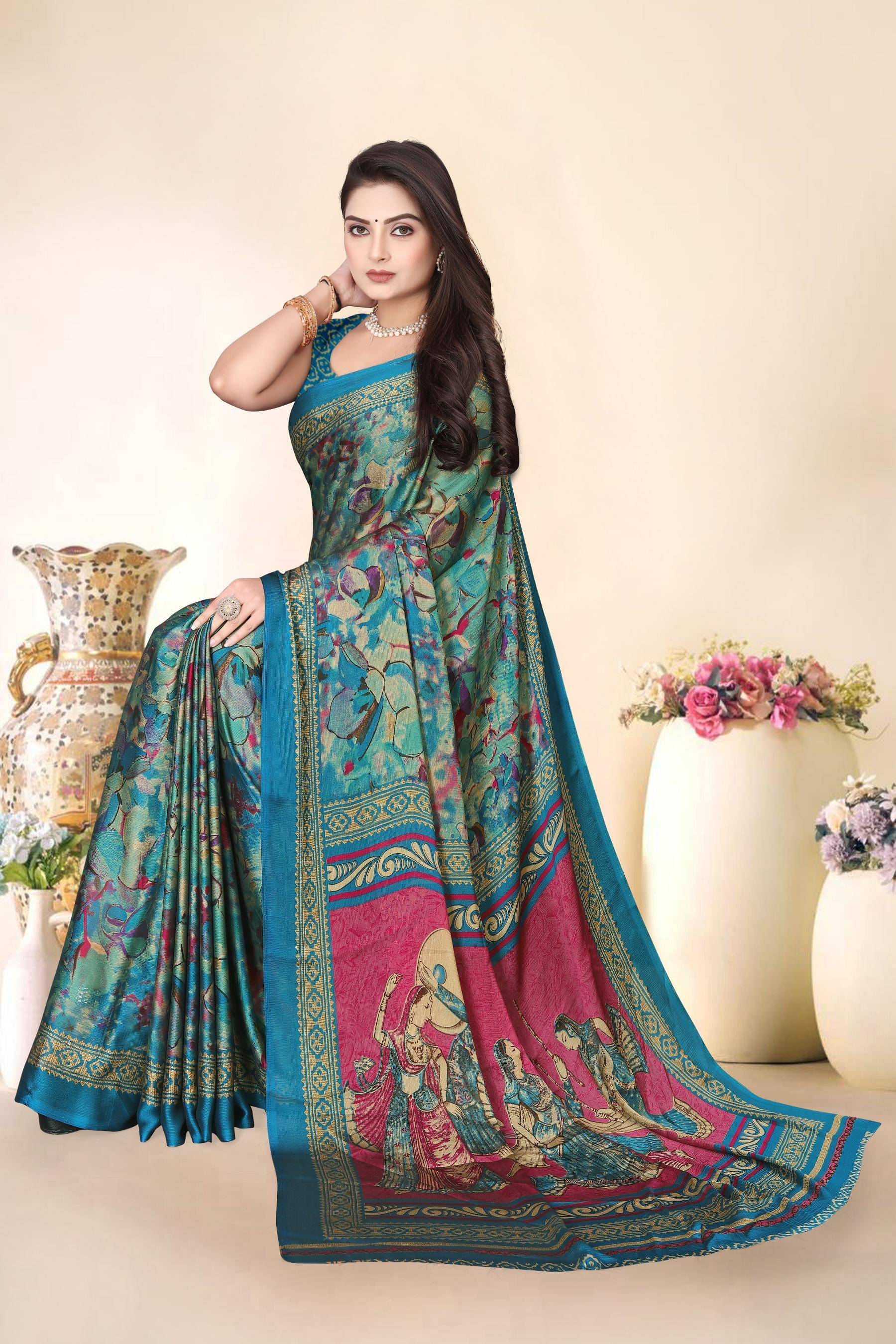 Magneitta Chiffon Printed Saree With Unstitched Blouse Piece ( Blue ) Magneitta Chiffon Printed Saree With Unstitched Blouse Piece ( Blue )