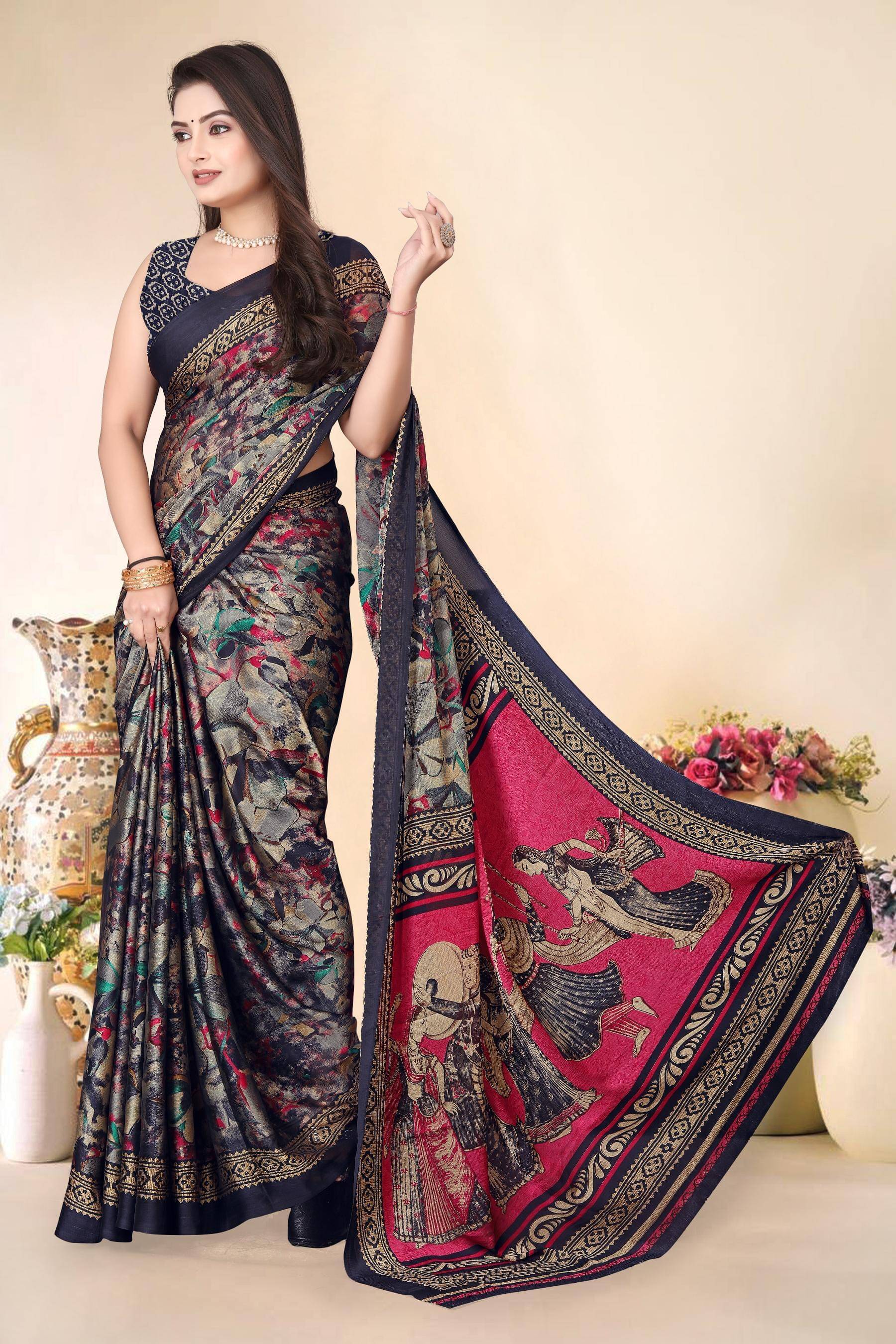 Magneitta Chiffon Printed Saree With Unstitched Blouse Piece ( Black ) Magneitta Chiffon Printed Saree With Unstitched Blouse Piece ( Black )