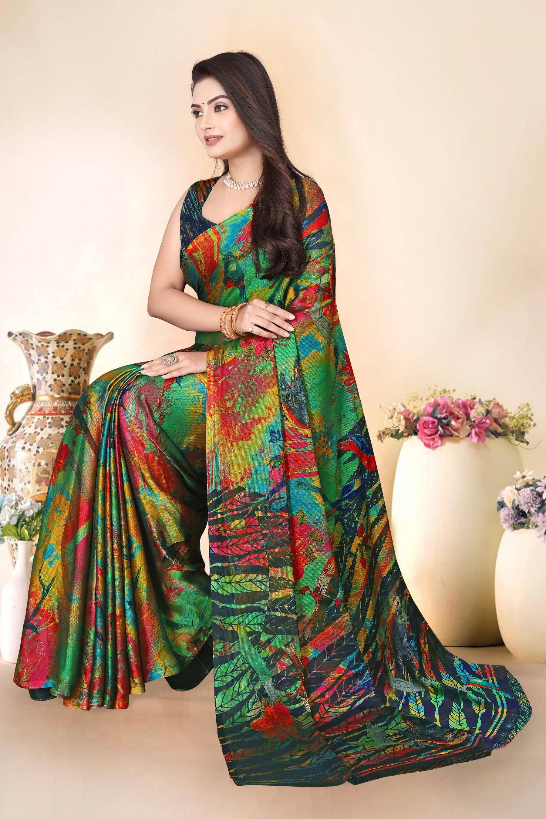     			Magneitta Chiffon Printed Saree With Unstitched Blouse Piece ( Blue )