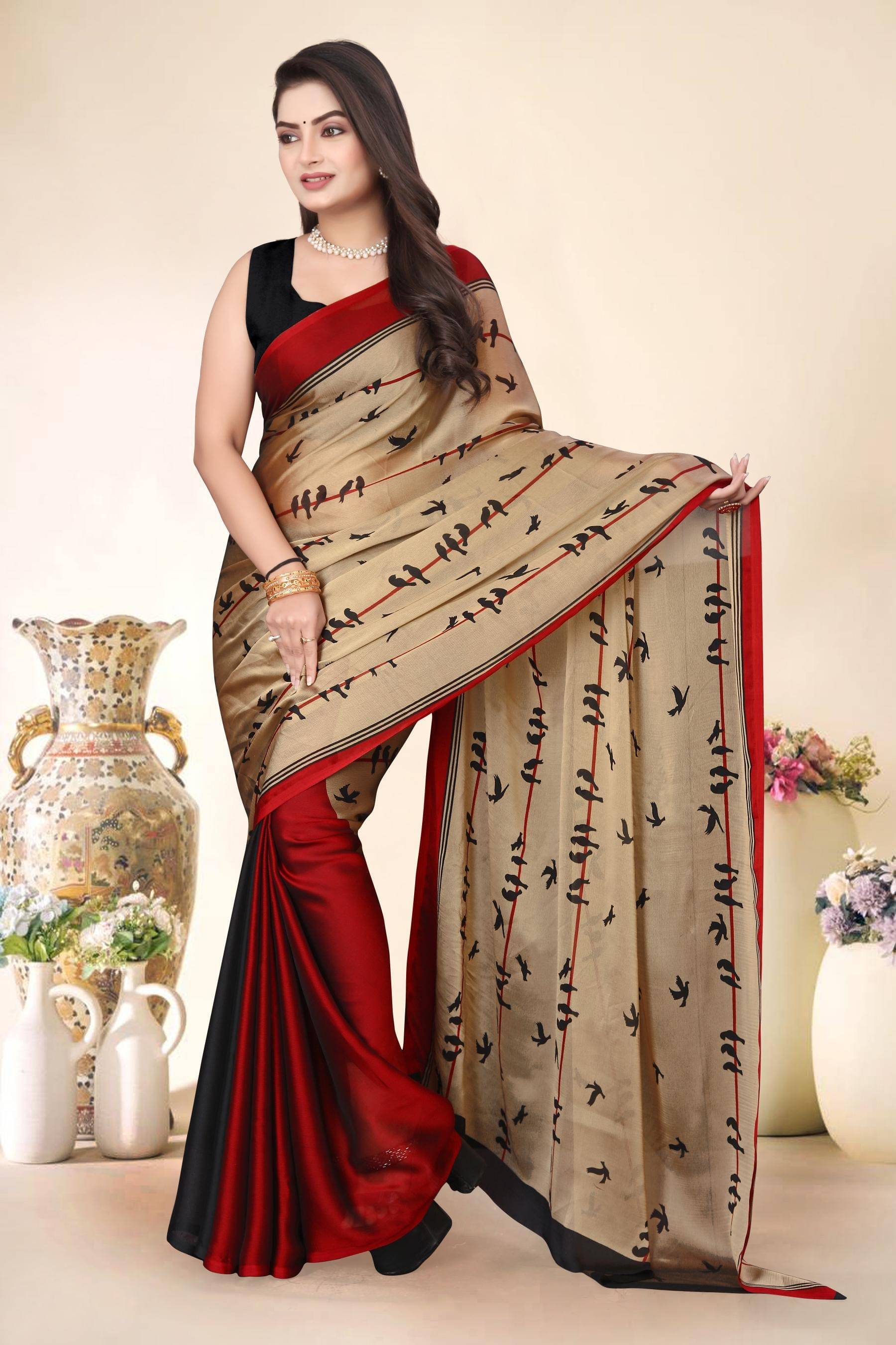 Magneitta Chiffon Printed Saree With Unstitched Blouse Piece ( Red ) Magneitta Chiffon Printed Saree With Unstitched Blouse Piece ( Red )