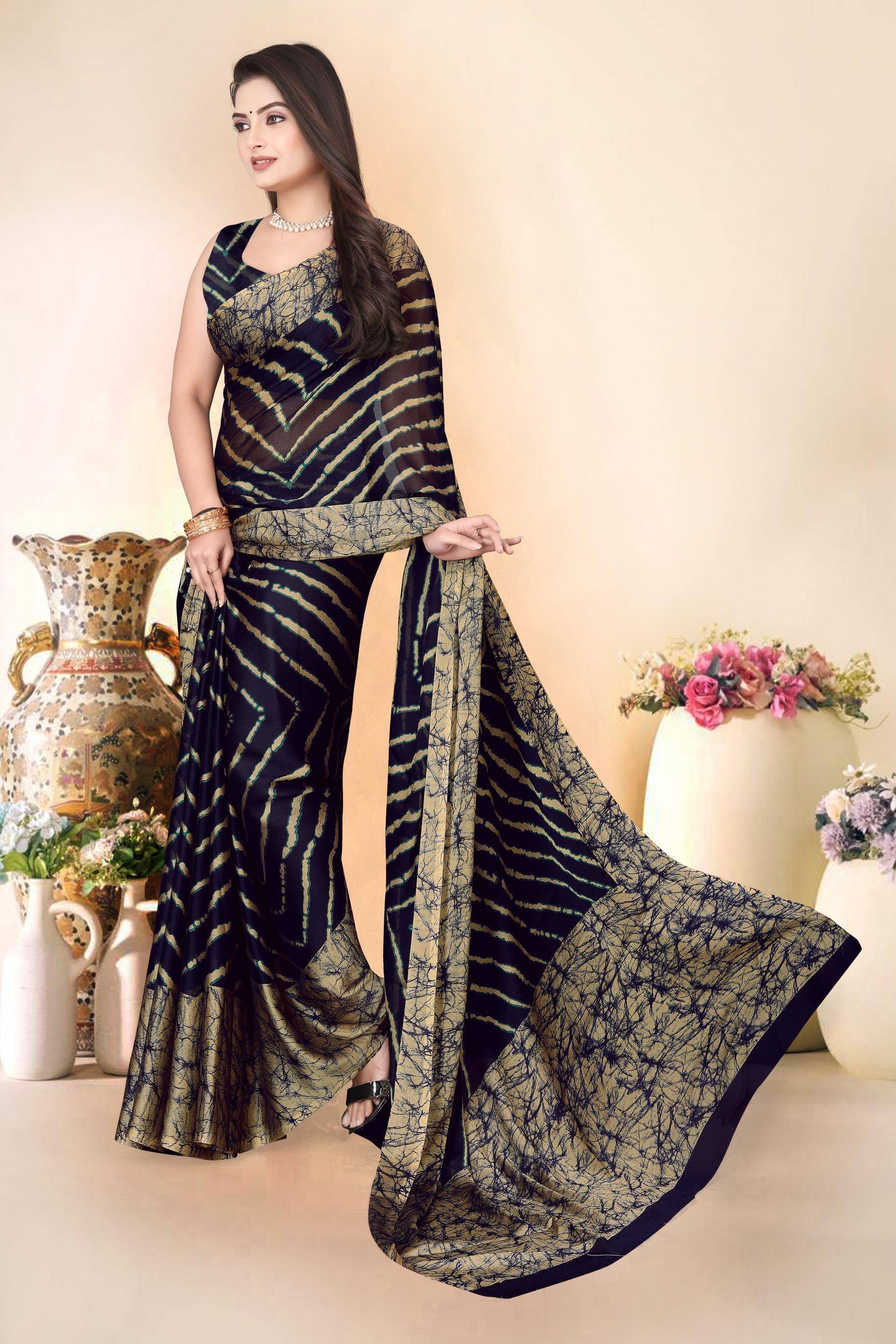     			Magneitta Chiffon Printed Saree With Unstitched Blouse Piece ( Black )