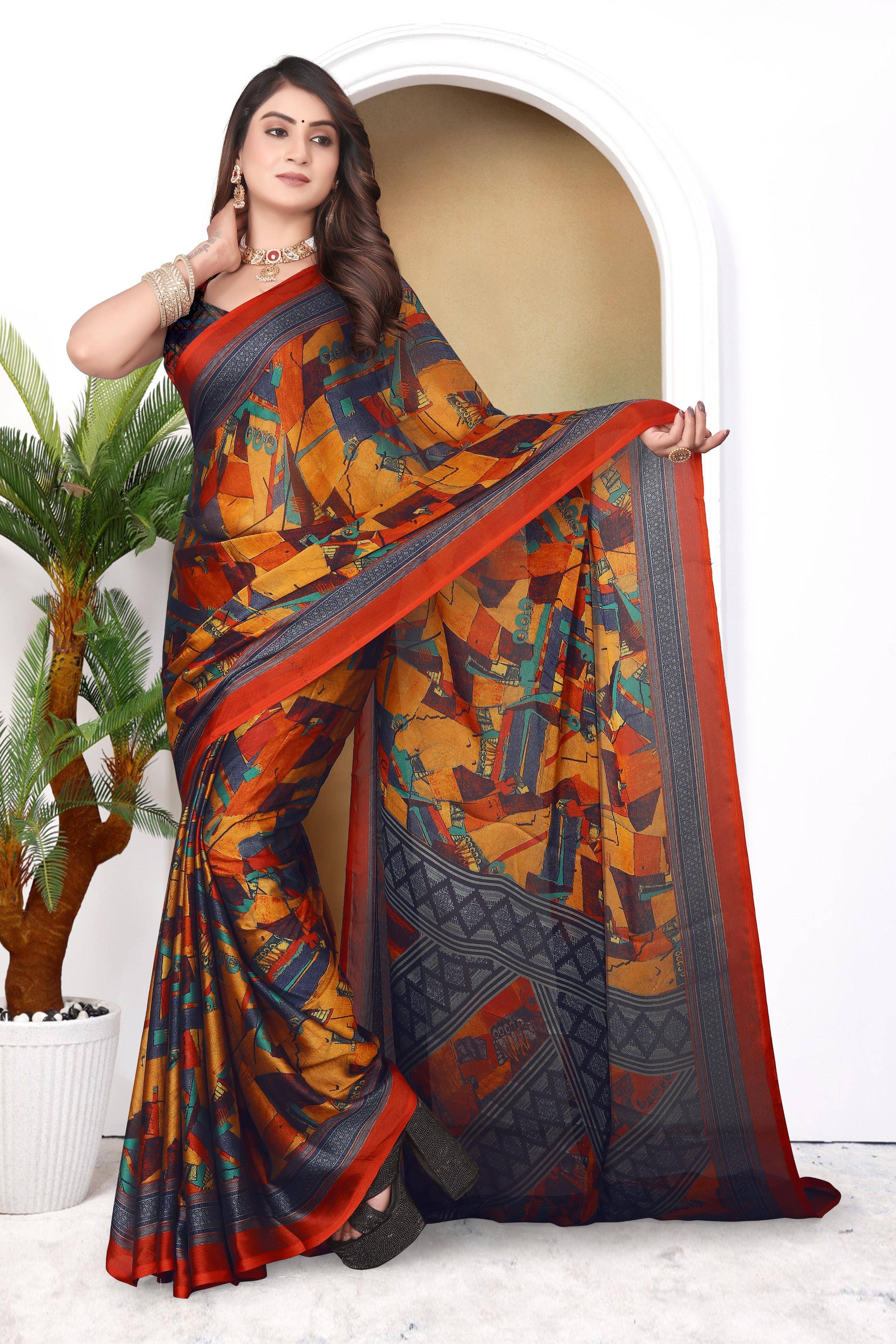 Magneitta Chiffon Printed Saree With Unstitched Blouse Piece ( Orange ) Magneitta Chiffon Printed Saree With Unstitched Blouse Piece ( Orange )