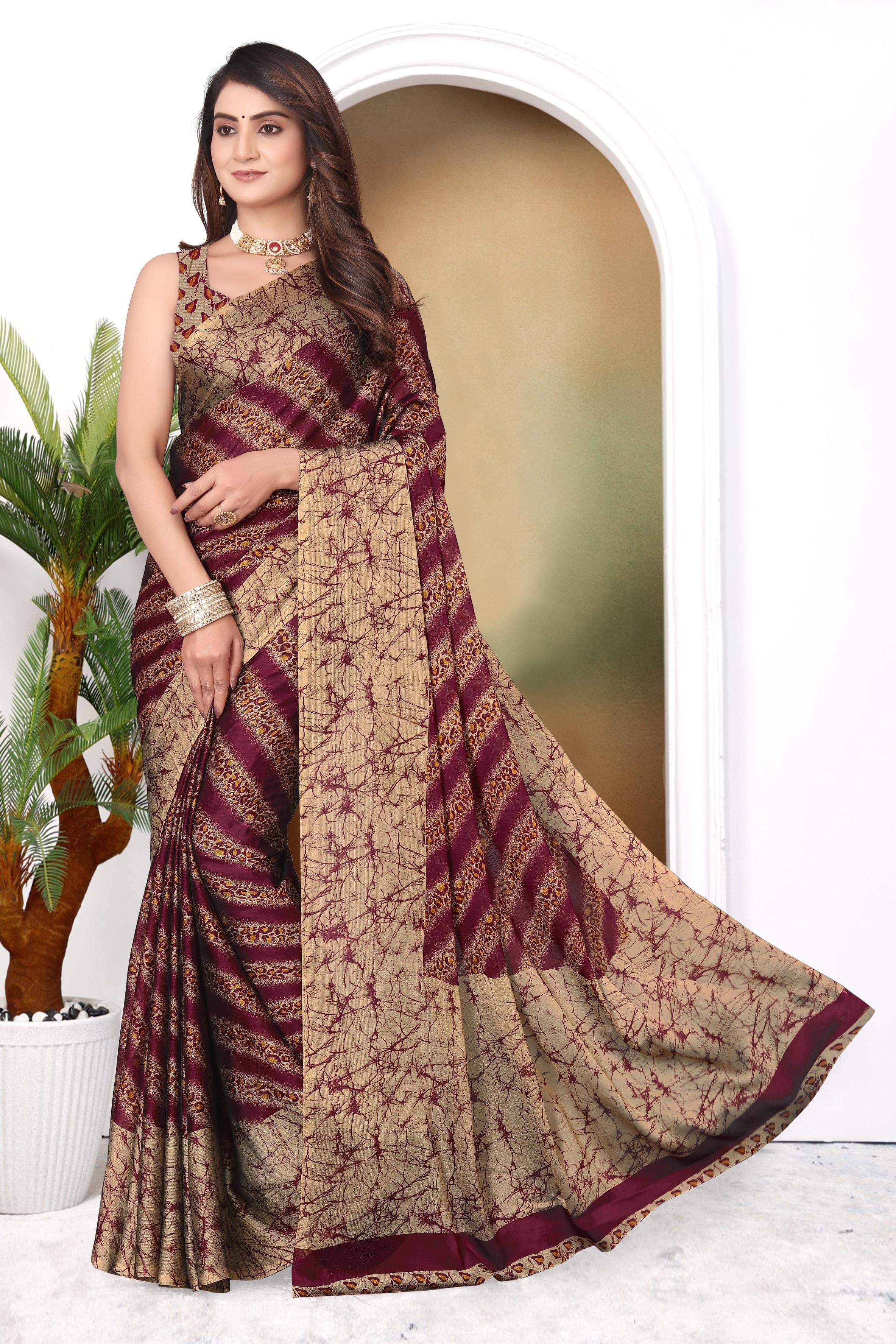 Magneitta Chiffon Printed Saree With Unstitched Blouse Piece ( Maroon ) Magneitta Chiffon Printed Saree With Unstitched Blouse Piece ( Maroon )