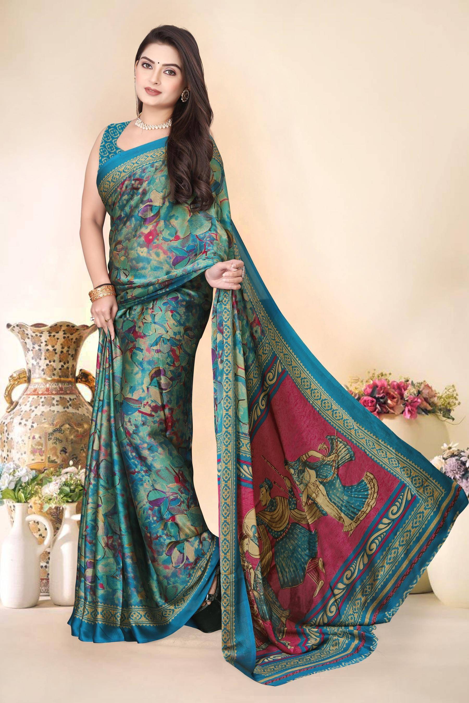     			Magneitta Chiffon Printed Saree With Unstitched Blouse Piece ( Blue )