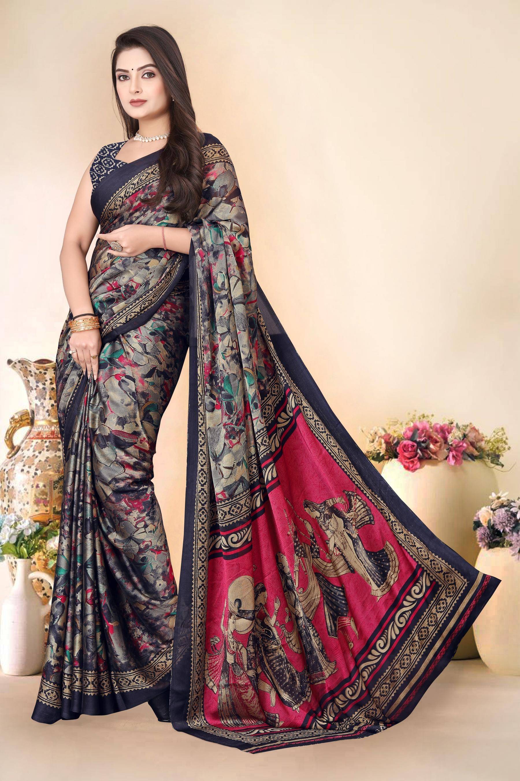     			Magneitta Chiffon Printed Saree With Unstitched Blouse Piece ( Black )