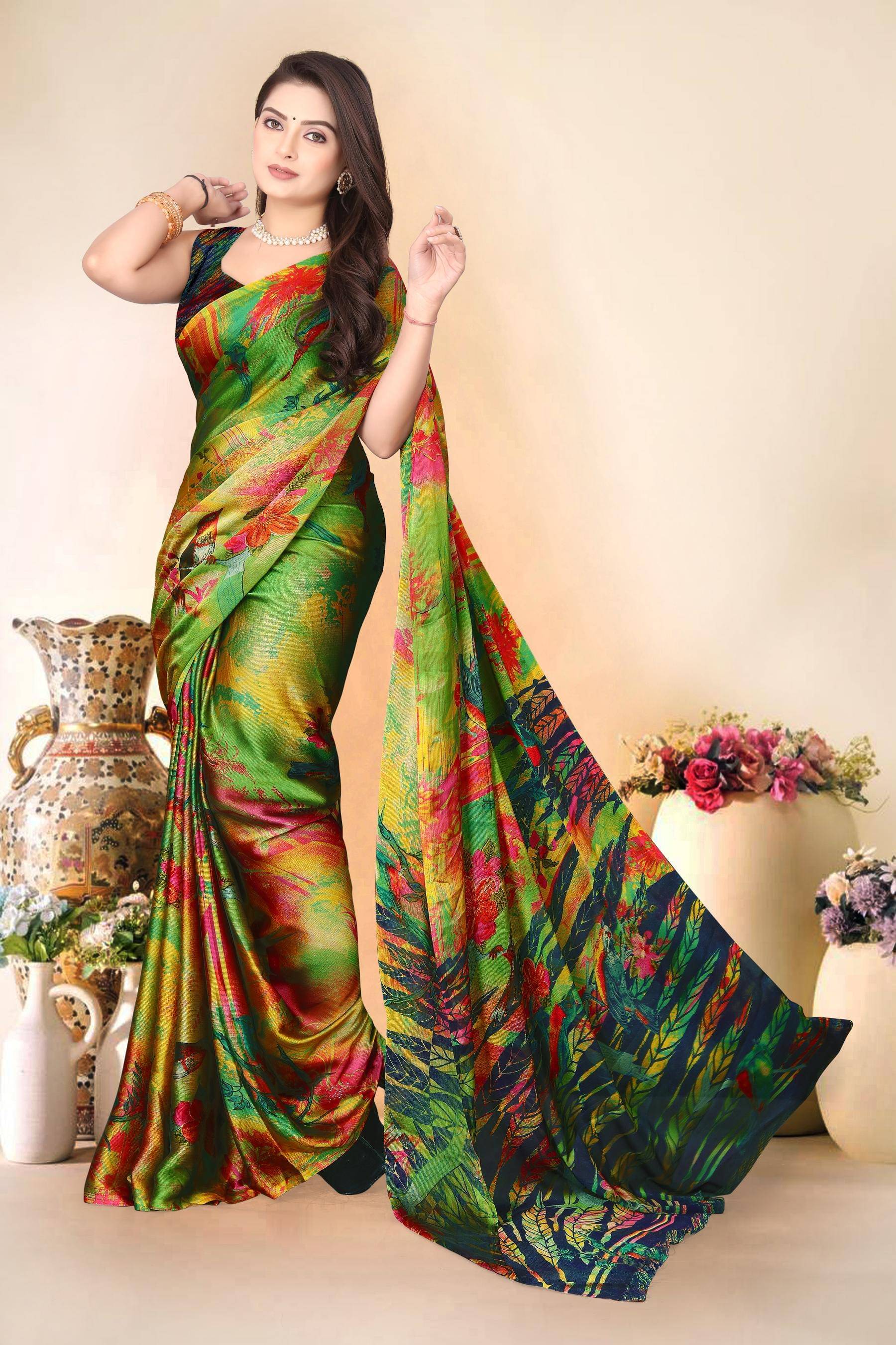 Magneitta Chiffon Printed Saree With Unstitched Blouse Piece ( Green ) Magneitta Chiffon Printed Saree With Unstitched Blouse Piece ( Green )