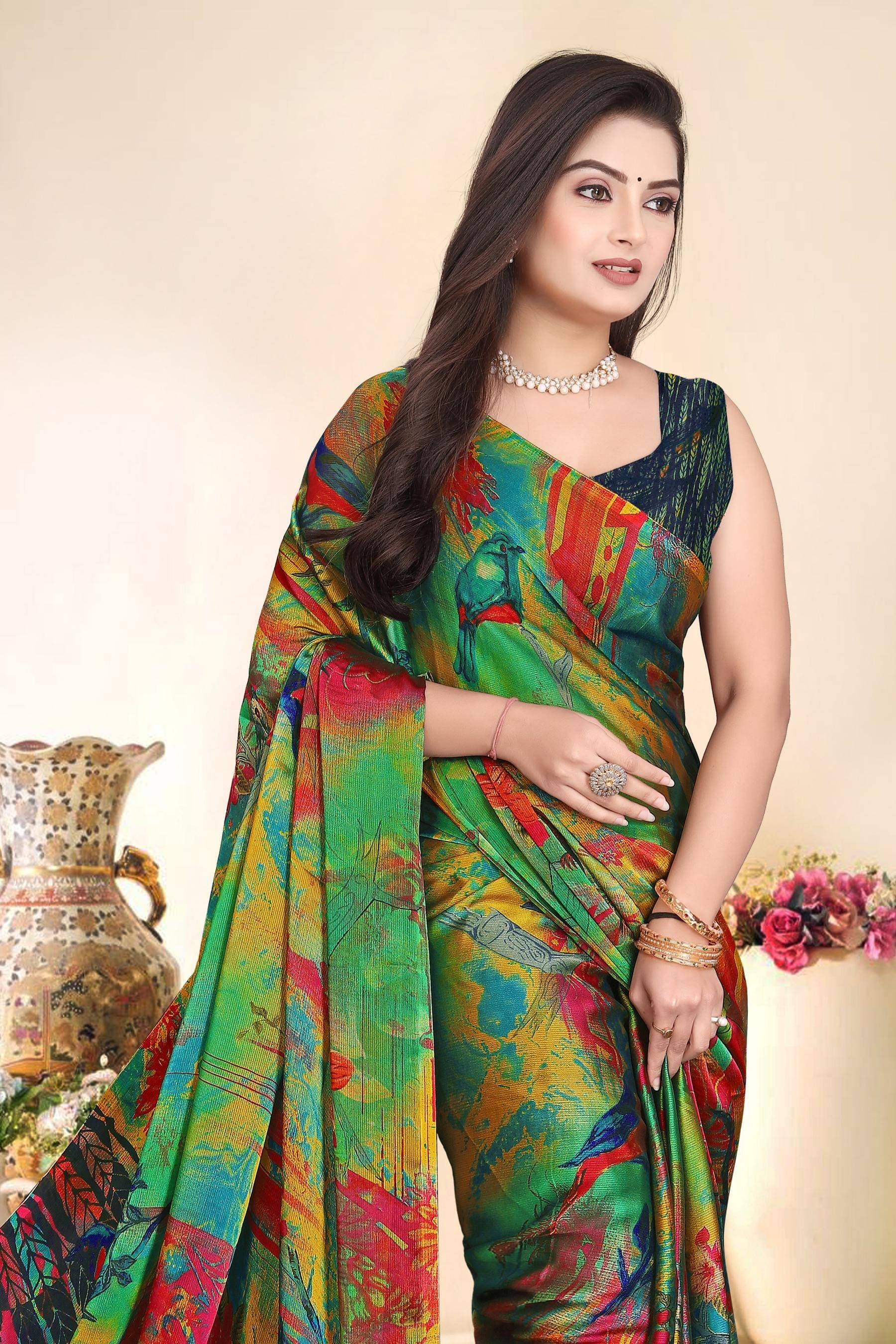     			Magneitta Chiffon Printed Saree With Unstitched Blouse Piece ( Blue )