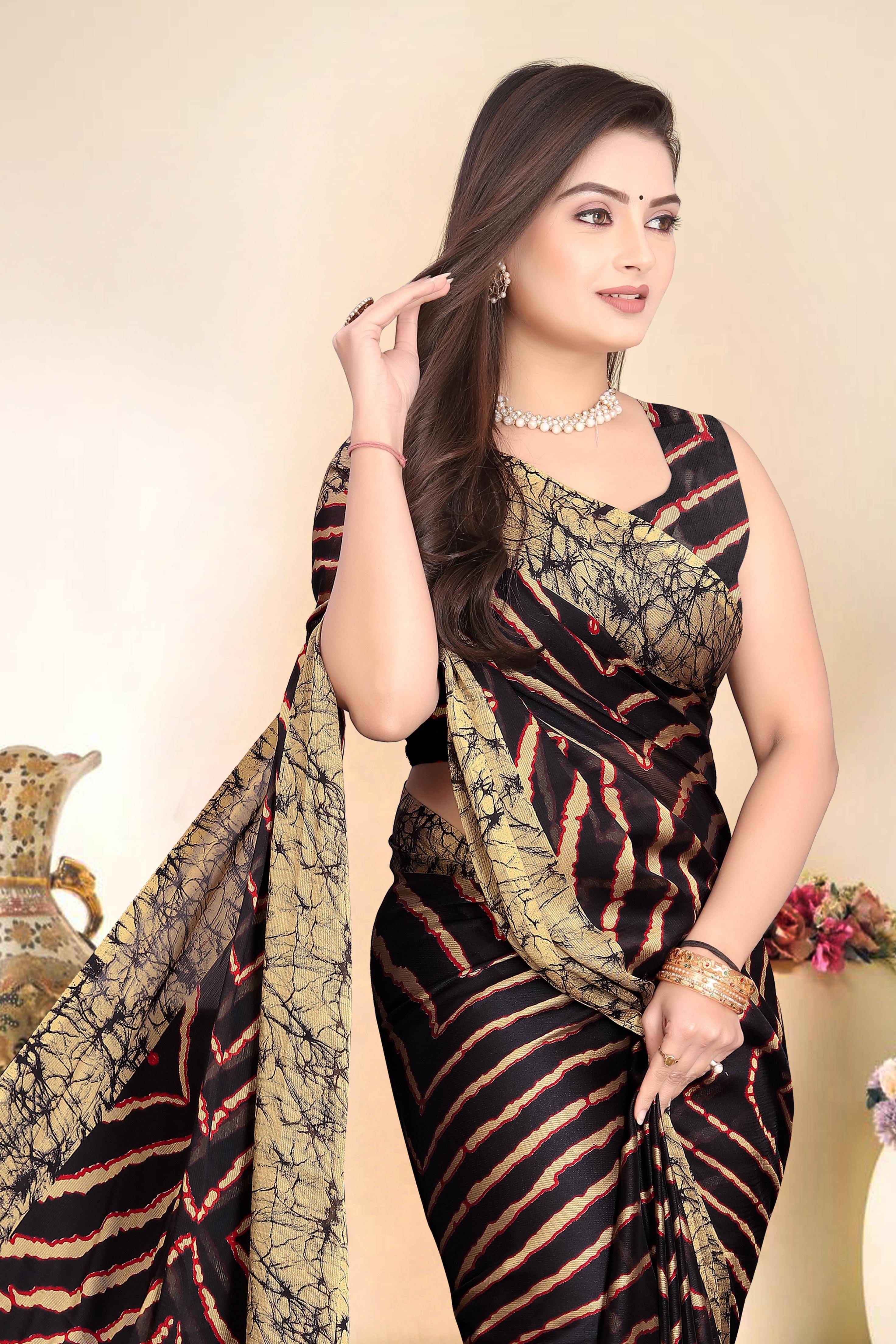 Magneitta Chiffon Printed Saree With Unstitched Blouse Piece ( Brown ) Magneitta Chiffon Printed Saree With Unstitched Blouse Piece ( Brown )