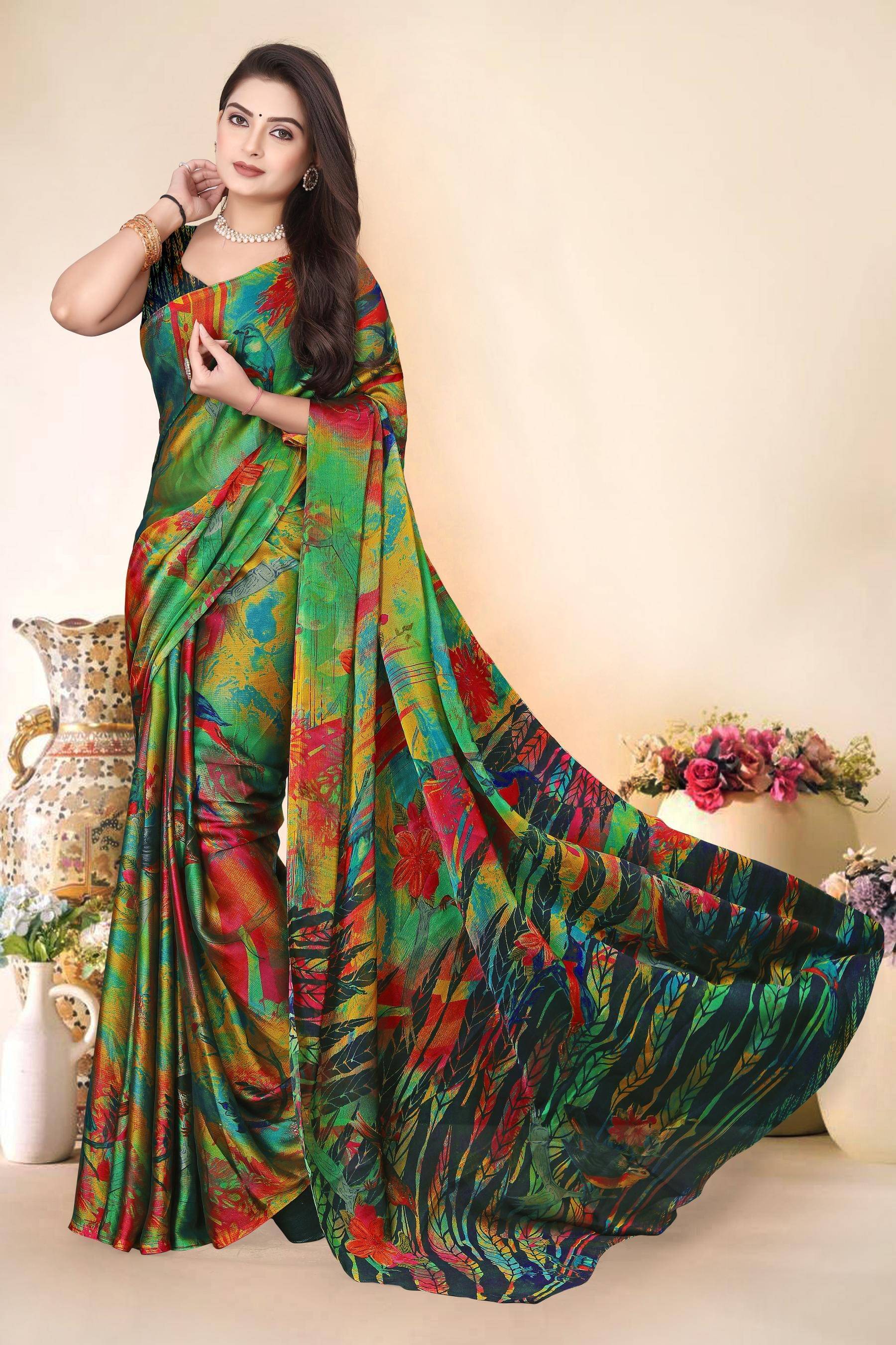 Magneitta Chiffon Printed Saree With Unstitched Blouse Piece ( Blue ) Magneitta Chiffon Printed Saree With Unstitched Blouse Piece ( Blue )