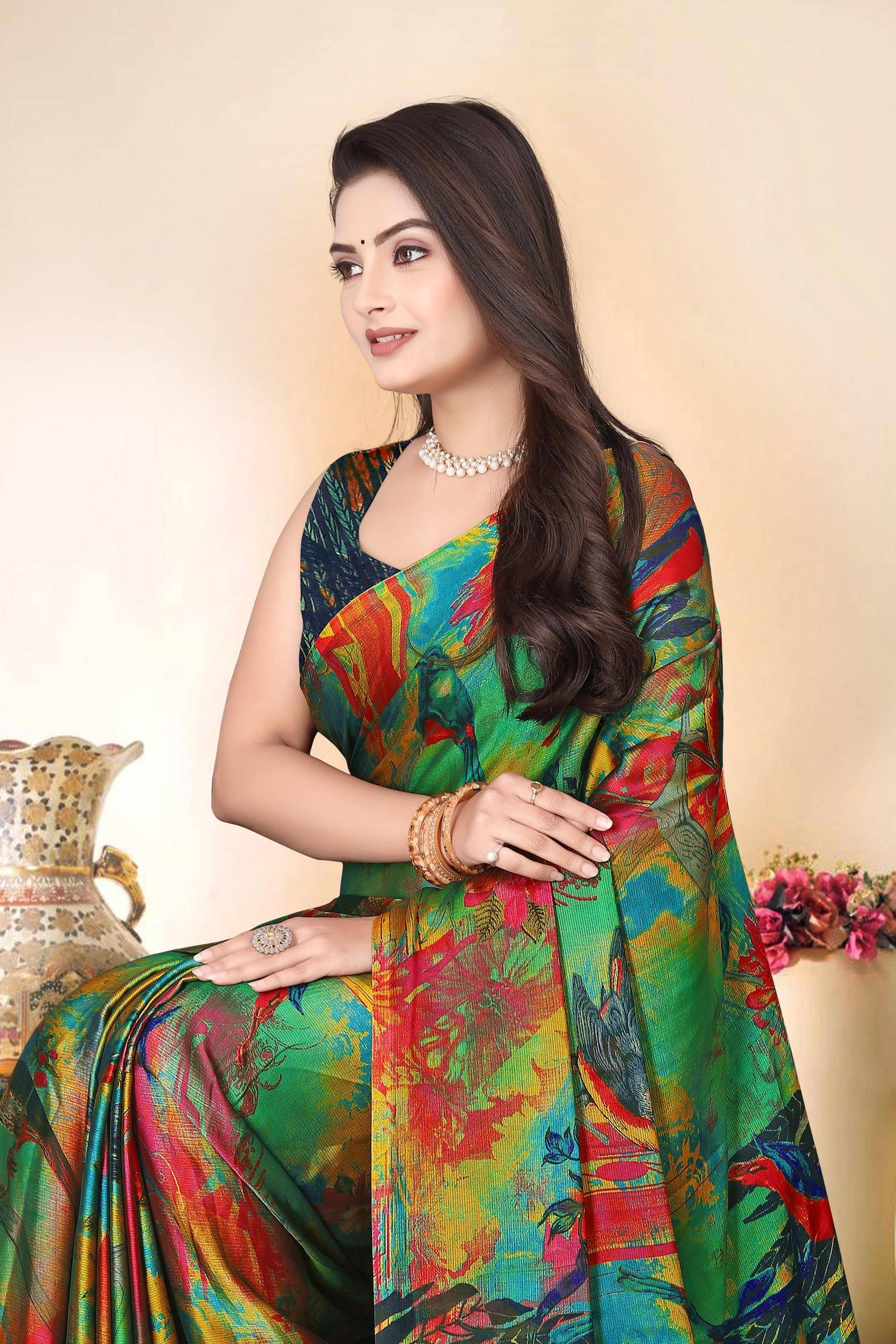 Magneitta Chiffon Printed Saree With Unstitched Blouse Piece ( Blue ) Magneitta Chiffon Printed Saree With Unstitched Blouse Piece ( Blue )