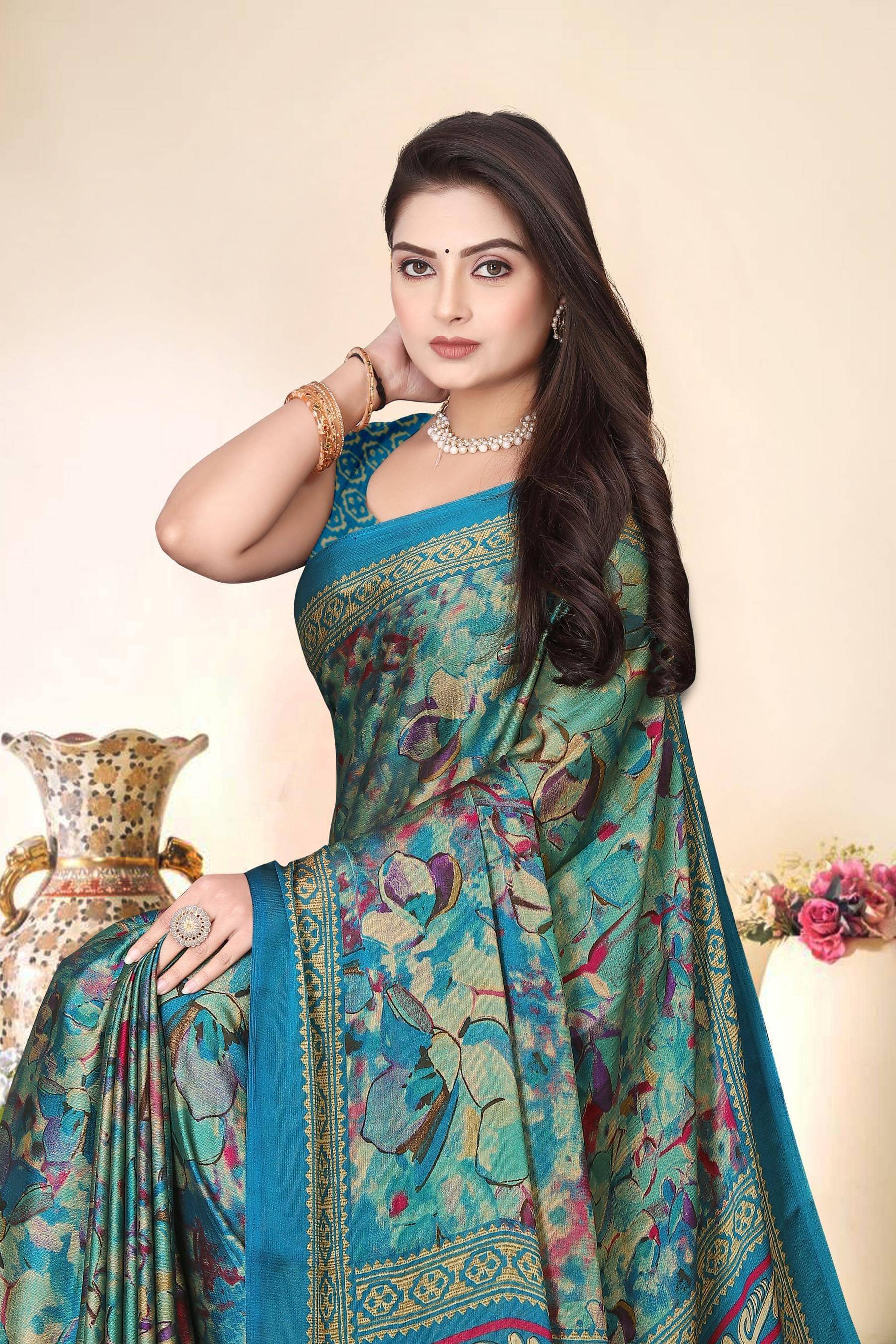 Magneitta Chiffon Printed Saree With Unstitched Blouse Piece ( Blue ) Magneitta Chiffon Printed Saree With Unstitched Blouse Piece ( Blue )