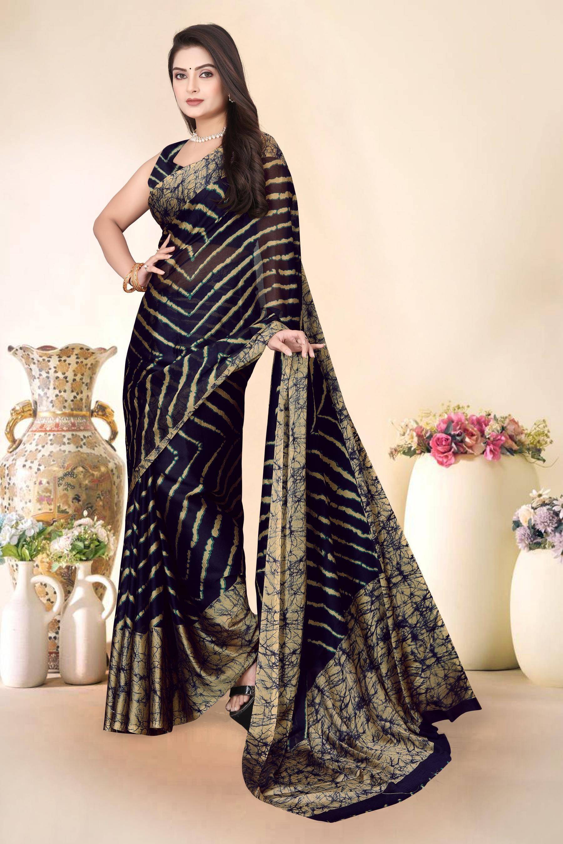 Magneitta Chiffon Printed Saree With Unstitched Blouse Piece ( Blue ) Magneitta Chiffon Printed Saree With Unstitched Blouse Piece ( Blue )