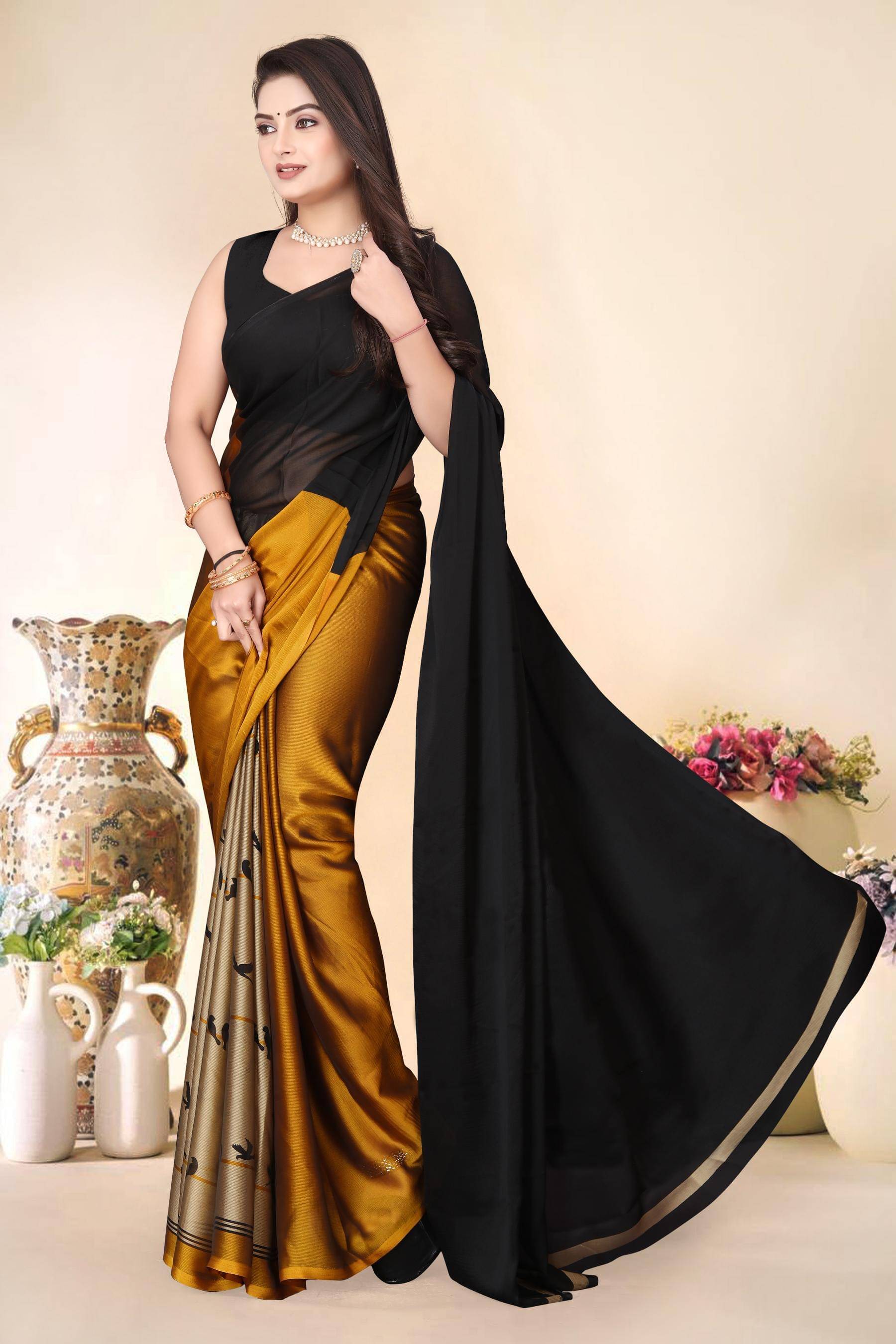 Magneitta Chiffon Printed Saree With Unstitched Blouse Piece ( Gold ) Magneitta Chiffon Printed Saree With Unstitched Blouse Piece ( Gold )