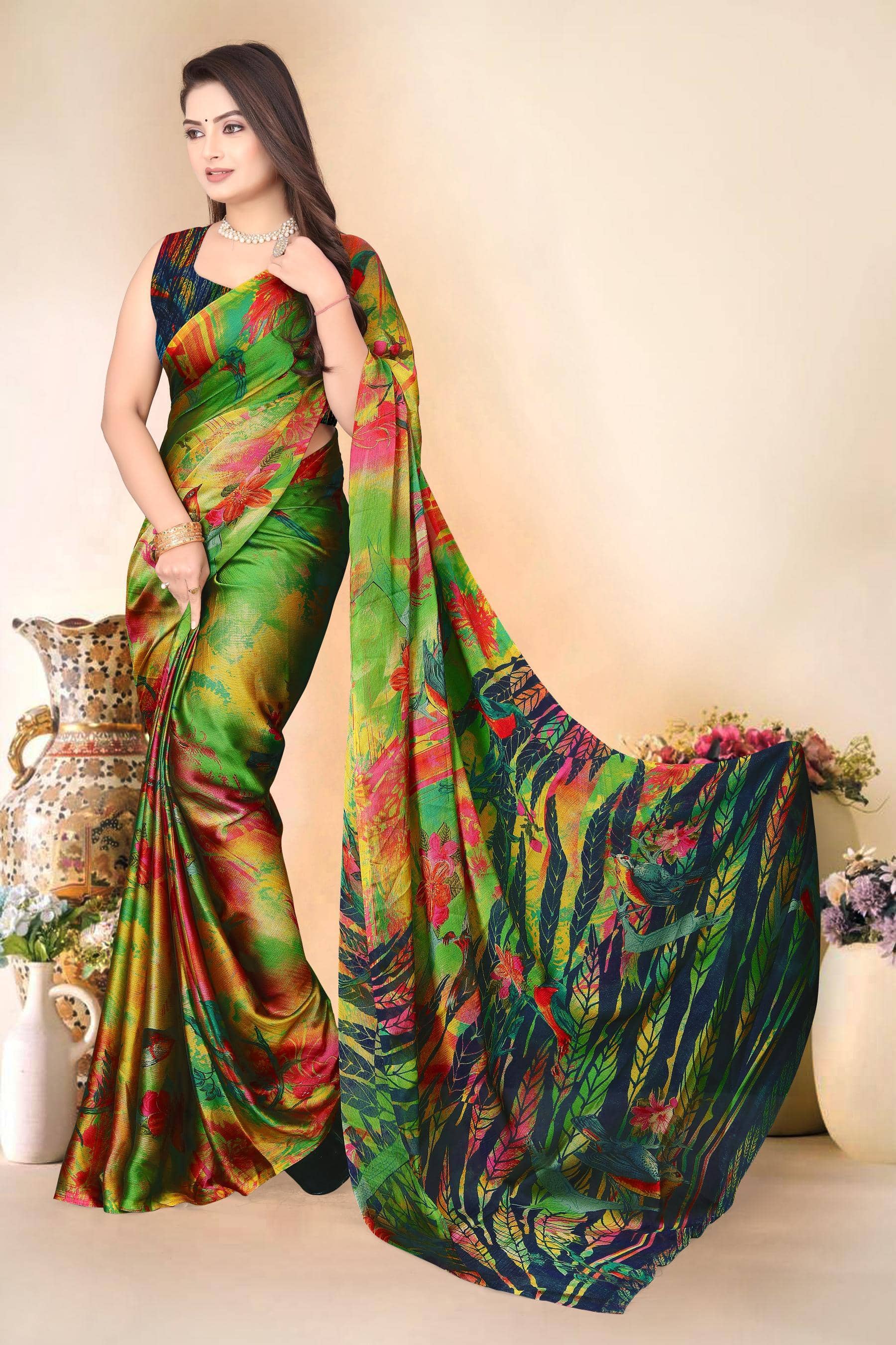 Magneitta Chiffon Printed Saree With Unstitched Blouse Piece ( Green ) - Sarees | Buy online on ZillyBuy