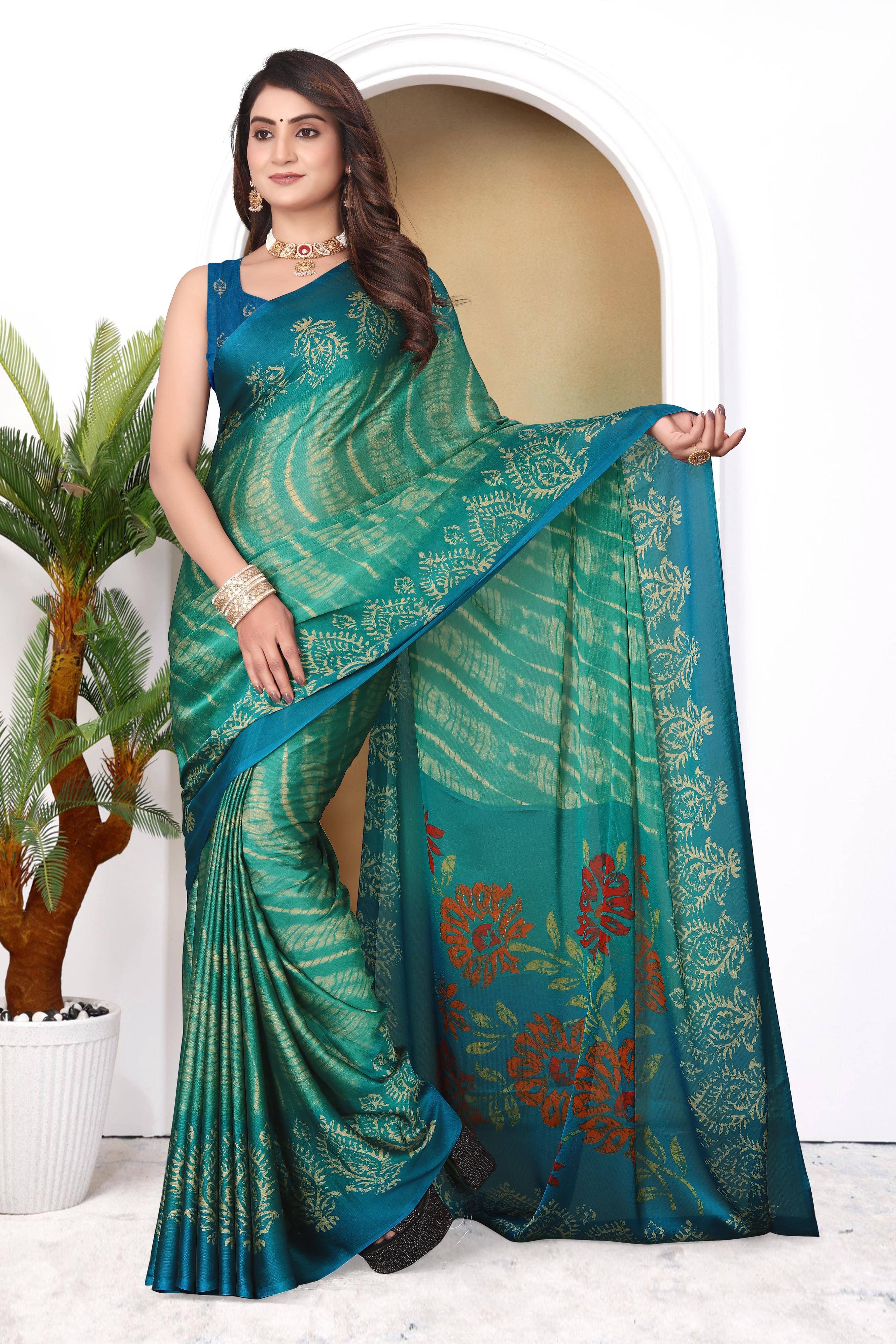 Magneitta Chiffon Printed Saree With Unstitched Blouse Piece ( Green ) Magneitta Chiffon Printed Saree With Unstitched Blouse Piece ( Green )
