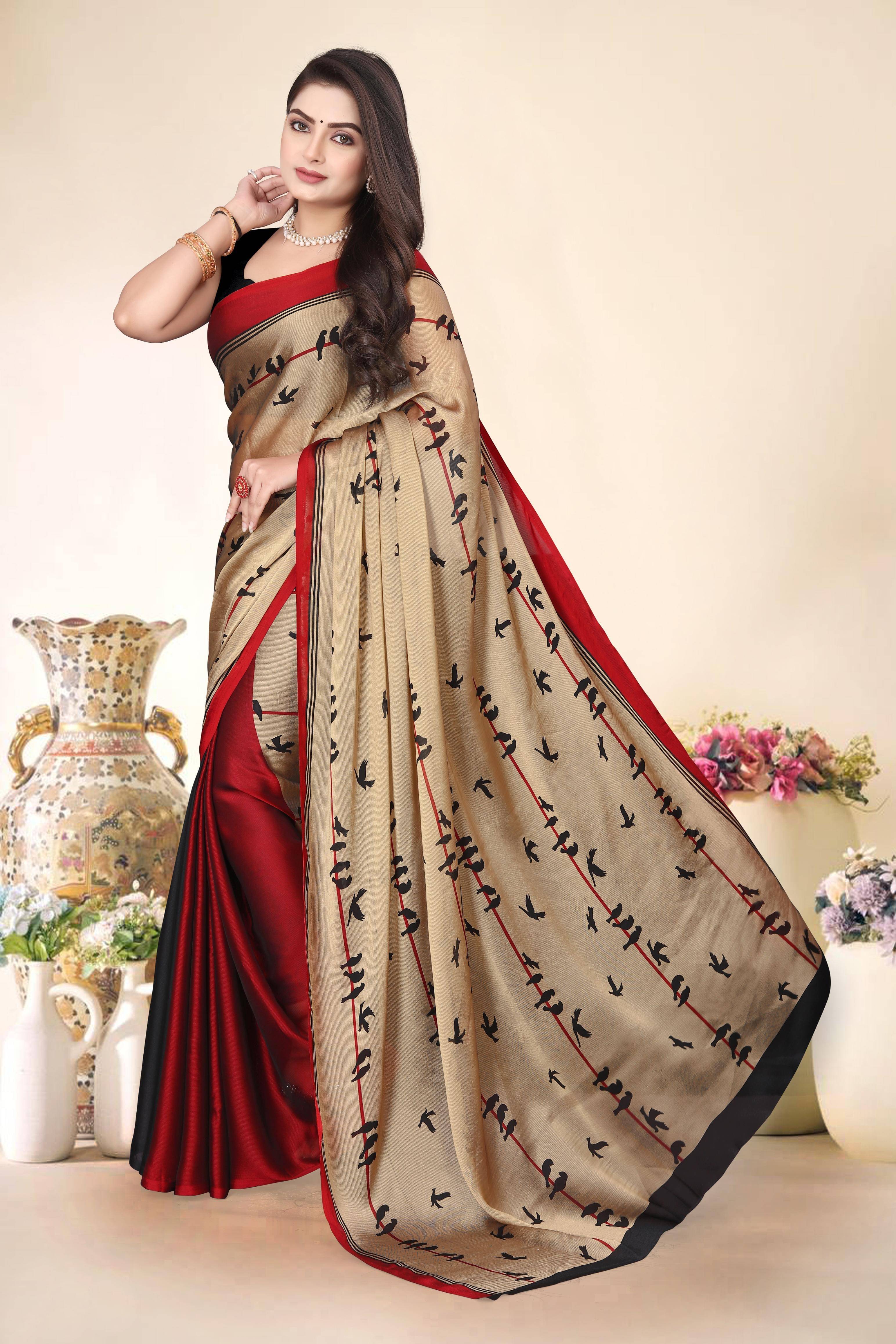     			Magneitta Chiffon Self Design Saree With Unstitched Blouse Piece ( Red )