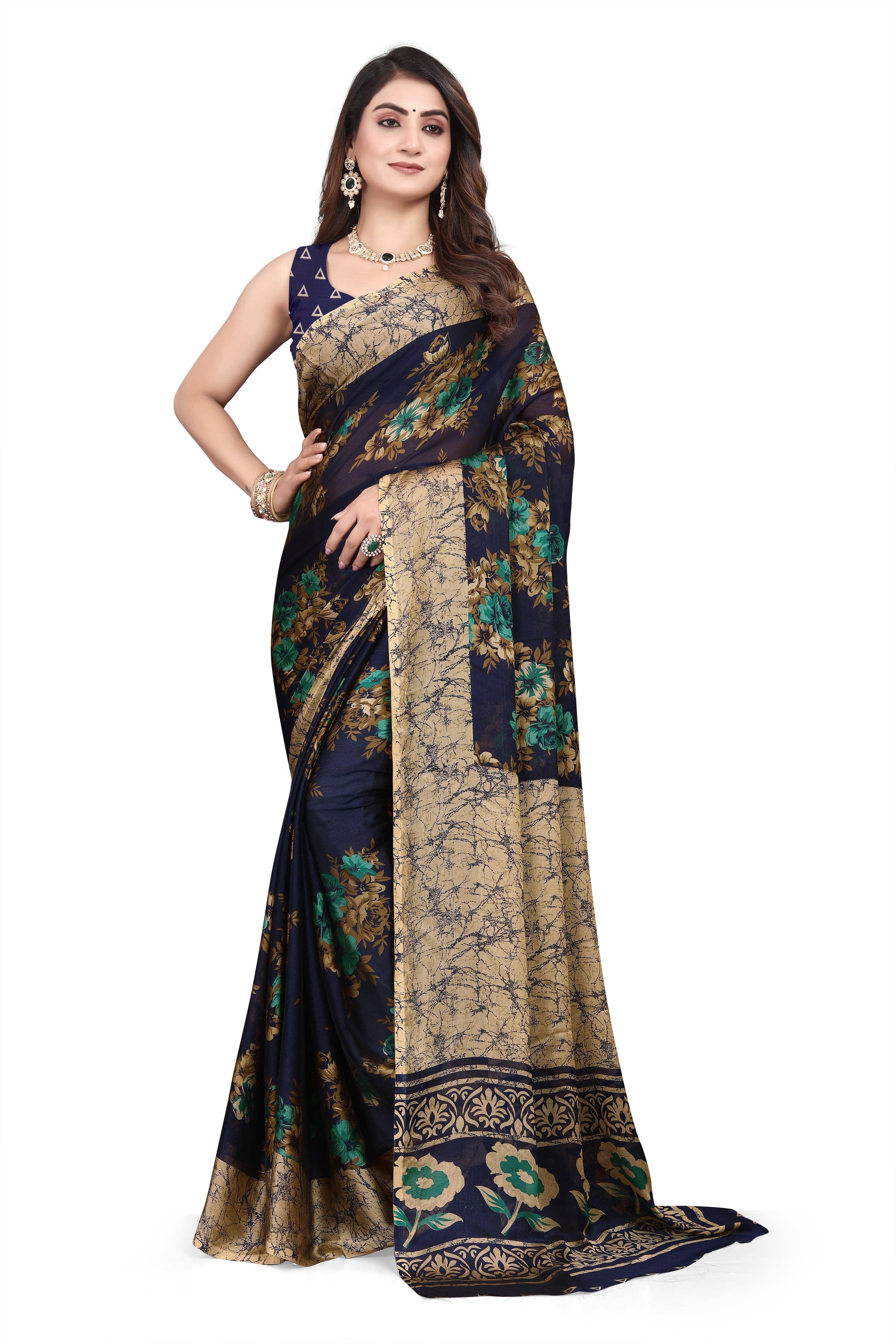 Magneitta Chiffon Self Design Saree With Unstitched Blouse Piece ( Blue ) - Sarees | Buy online on ZillyBuy