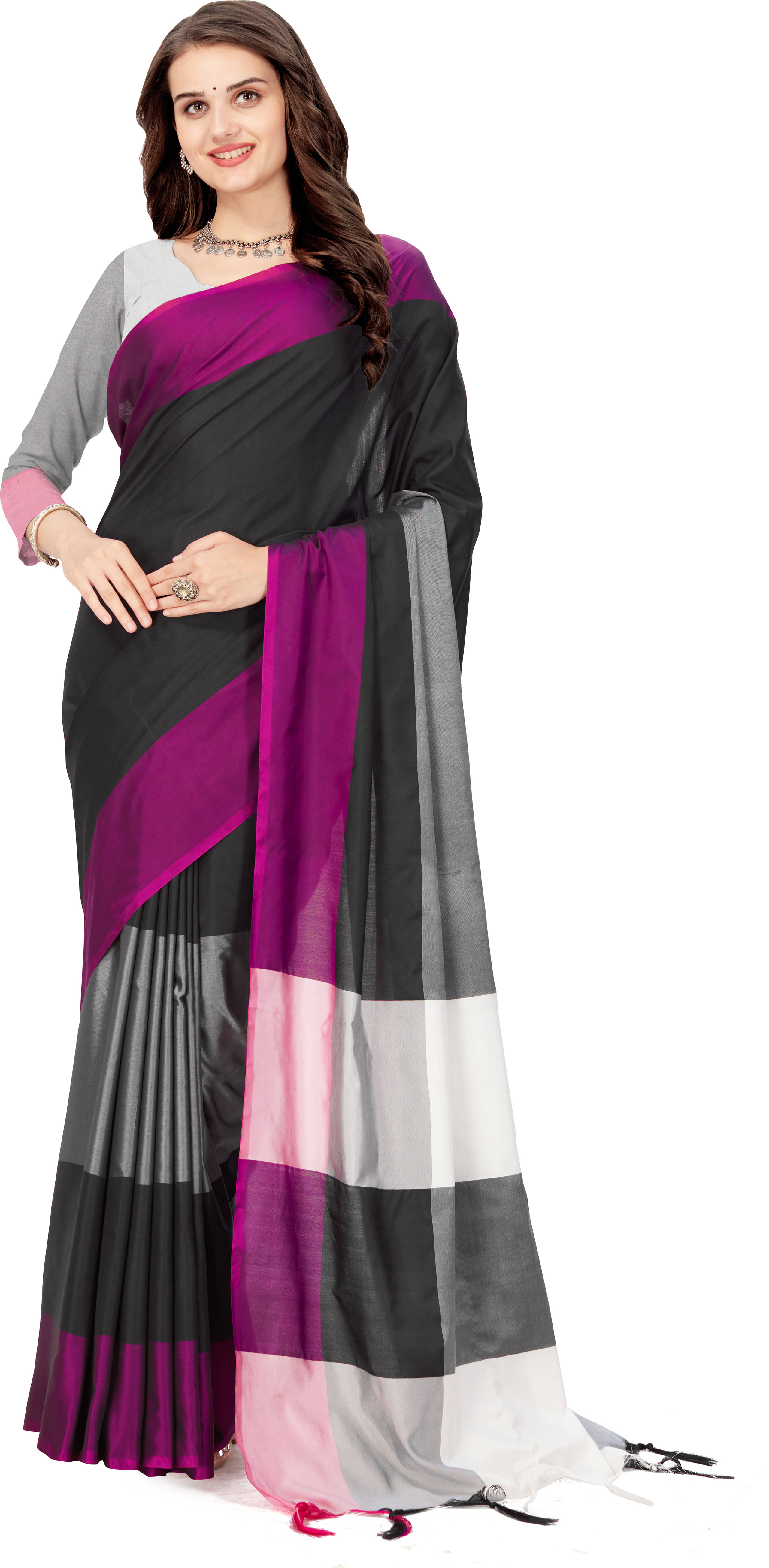 Magneitta Cotton Silk Colorblock Saree With Unstitched Blouse Piece ( Black ) - Sarees | Buy online on ZillyBuy