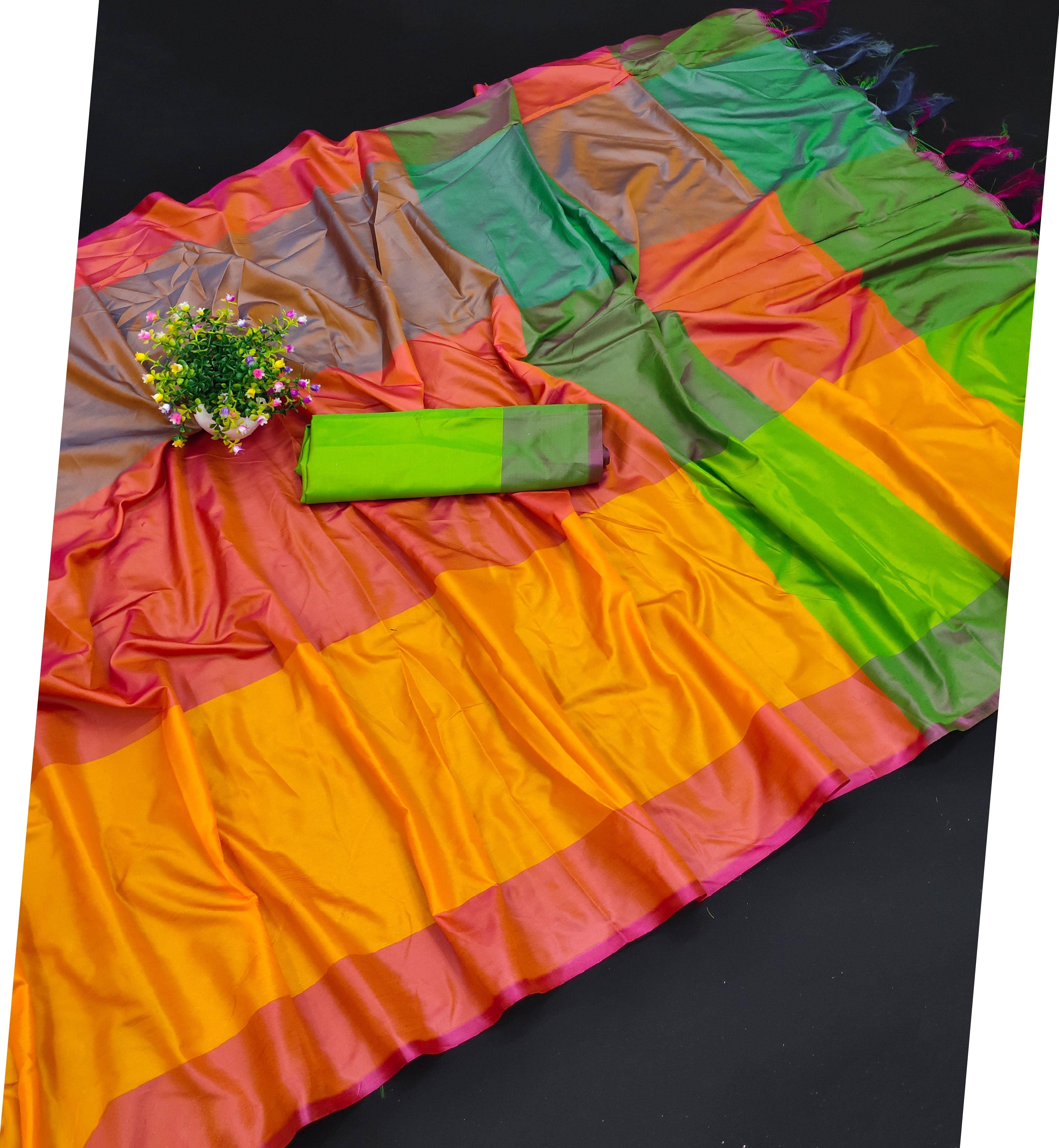 Magneitta Cotton Silk Woven Saree With Unstitched Blouse Piece ( Orange ) - Sarees | Buy online on ZillyBuy