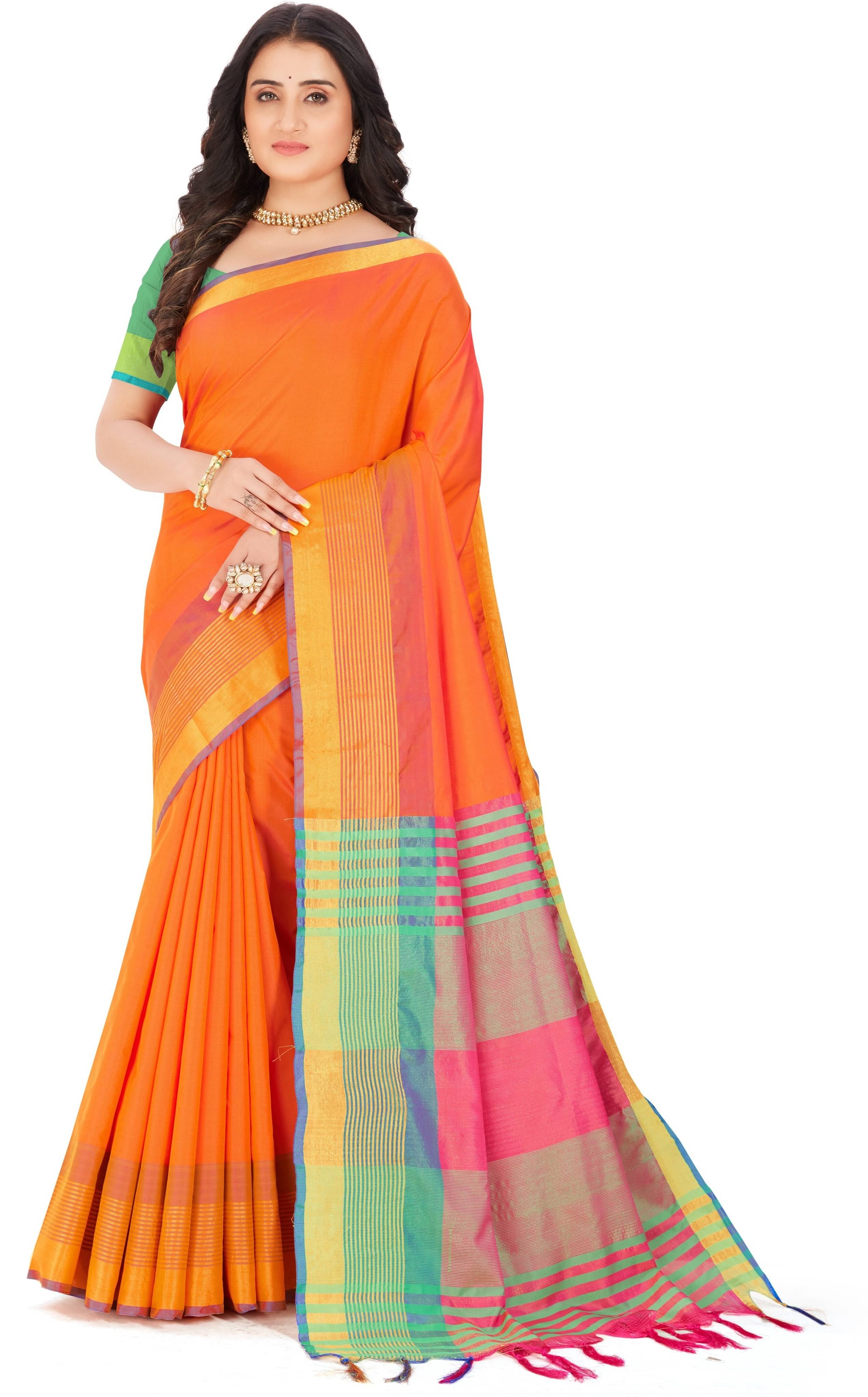     			Magneitta Silk Blend Striped Saree With Unstitched Blouse Piece ( Orange )