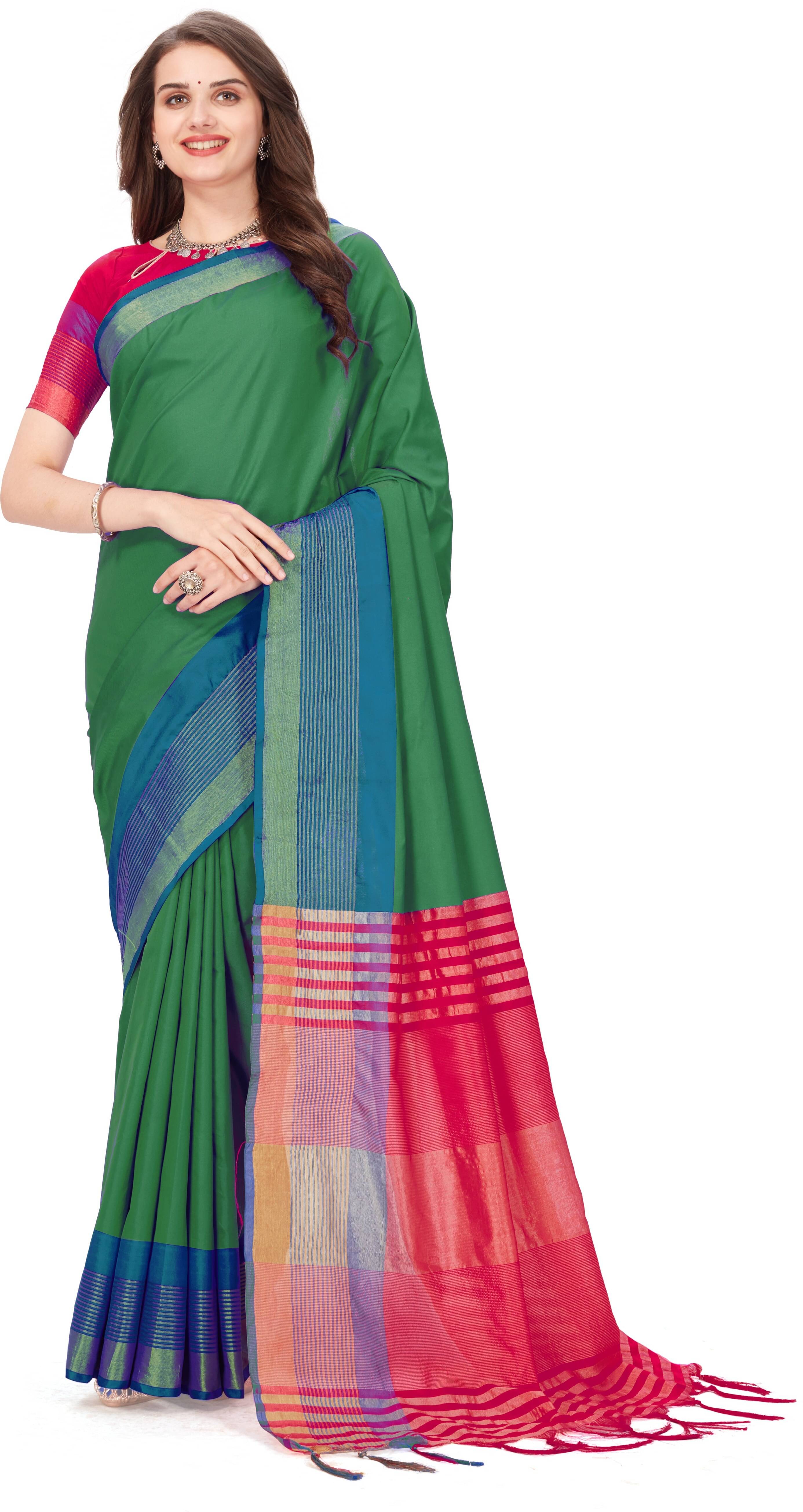 Magneitta Silk Blend Striped Saree With Unstitched Blouse Piece ( Green ) Magneitta Silk Blend Striped Saree With Unstitched Blouse Piece ( Green )