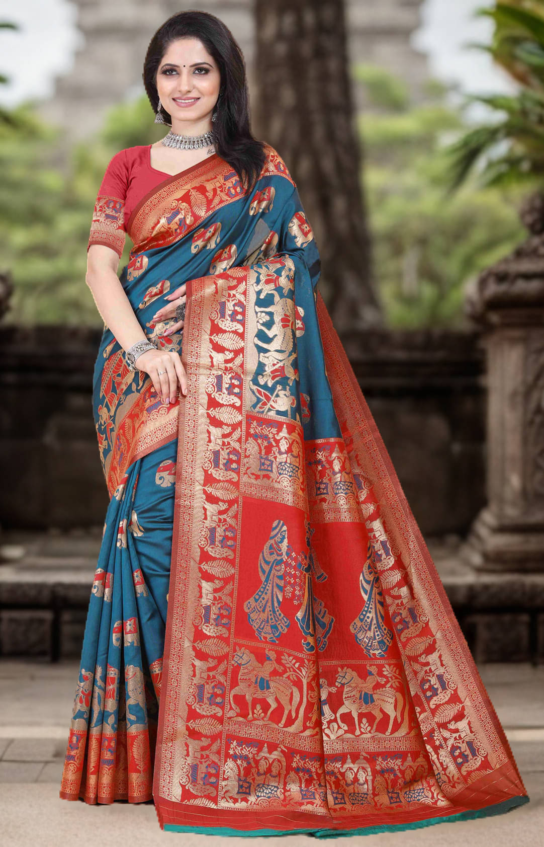 Magneitta Silk Blend Woven Saree With Unstitched Blouse Piece ( Red ) Magneitta Silk Blend Woven Saree With Unstitched Blouse Piece ( Red )