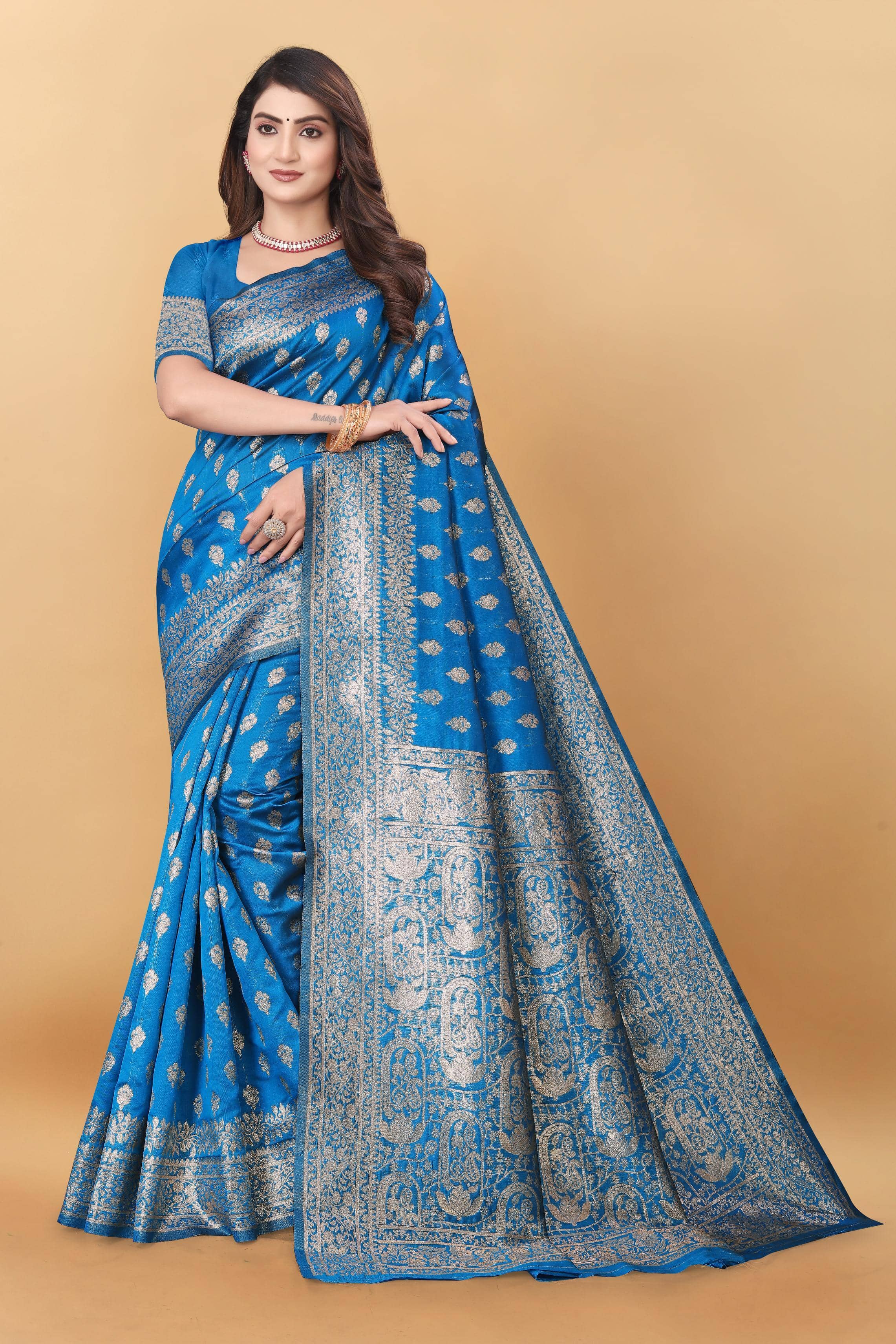 Magneitta Silk Woven Saree With Unstitched Blouse Piece ( Blue ) - Sarees | Buy online on ZillyBuy