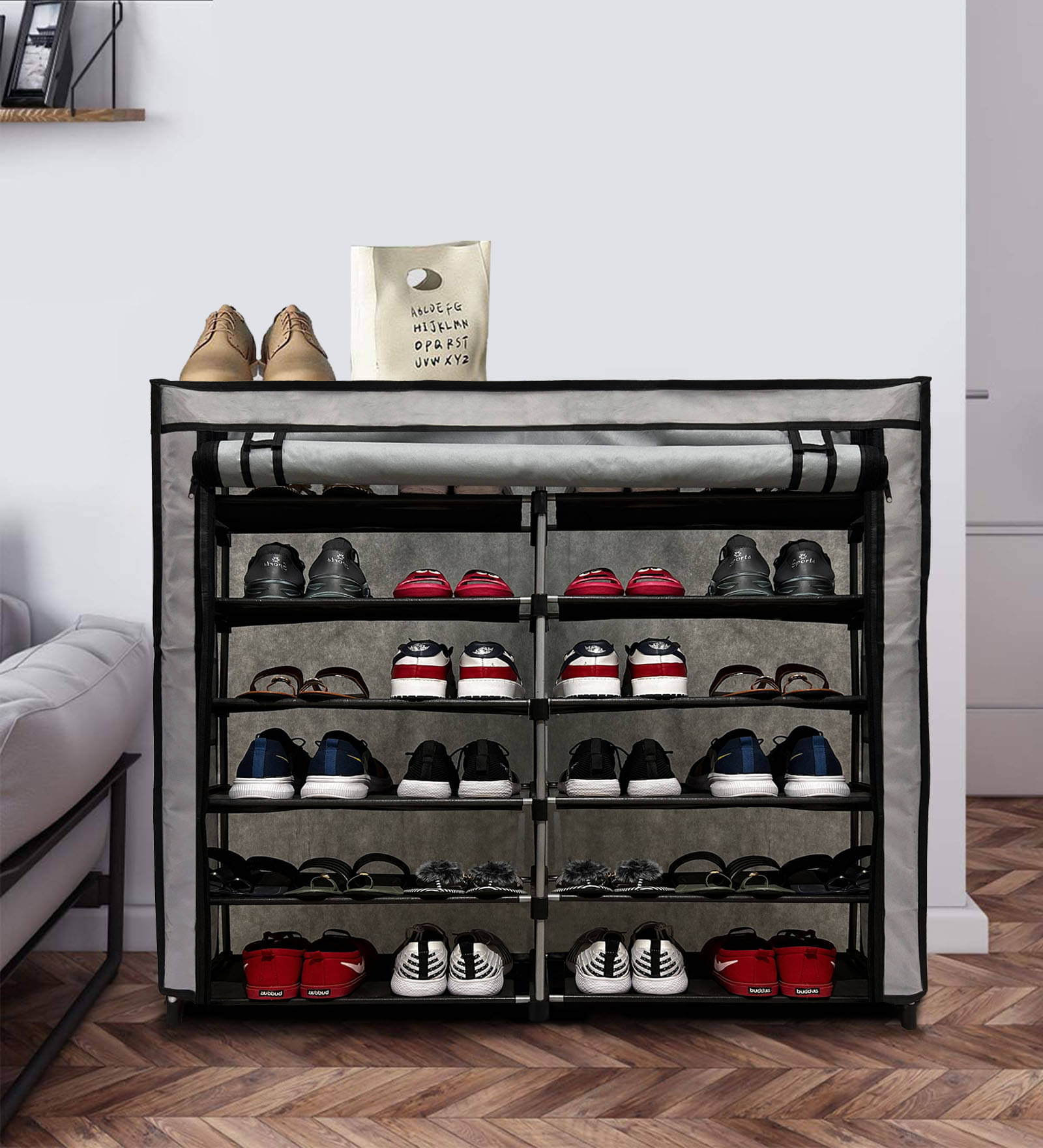     			PHILOSHOP 12 Layer Shoe Rack Metal Stand with Cover Shoe Organiser for Home & Office (Grey)
