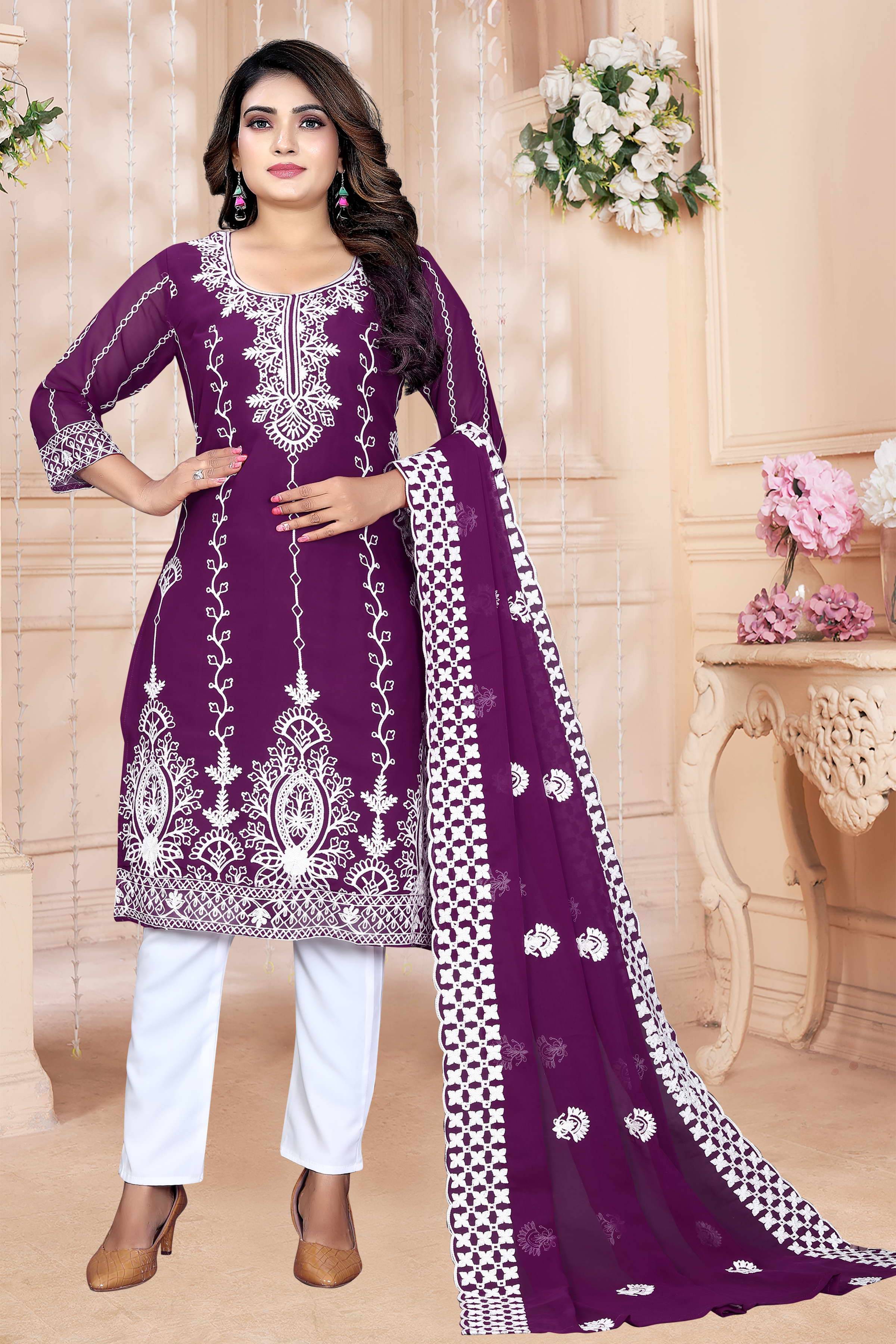     			Shree Ganesh Fashion Georgette Embroidered Kurti With Pants Women's Stitched Salwar Suit - Purple ( Pack of 1 )