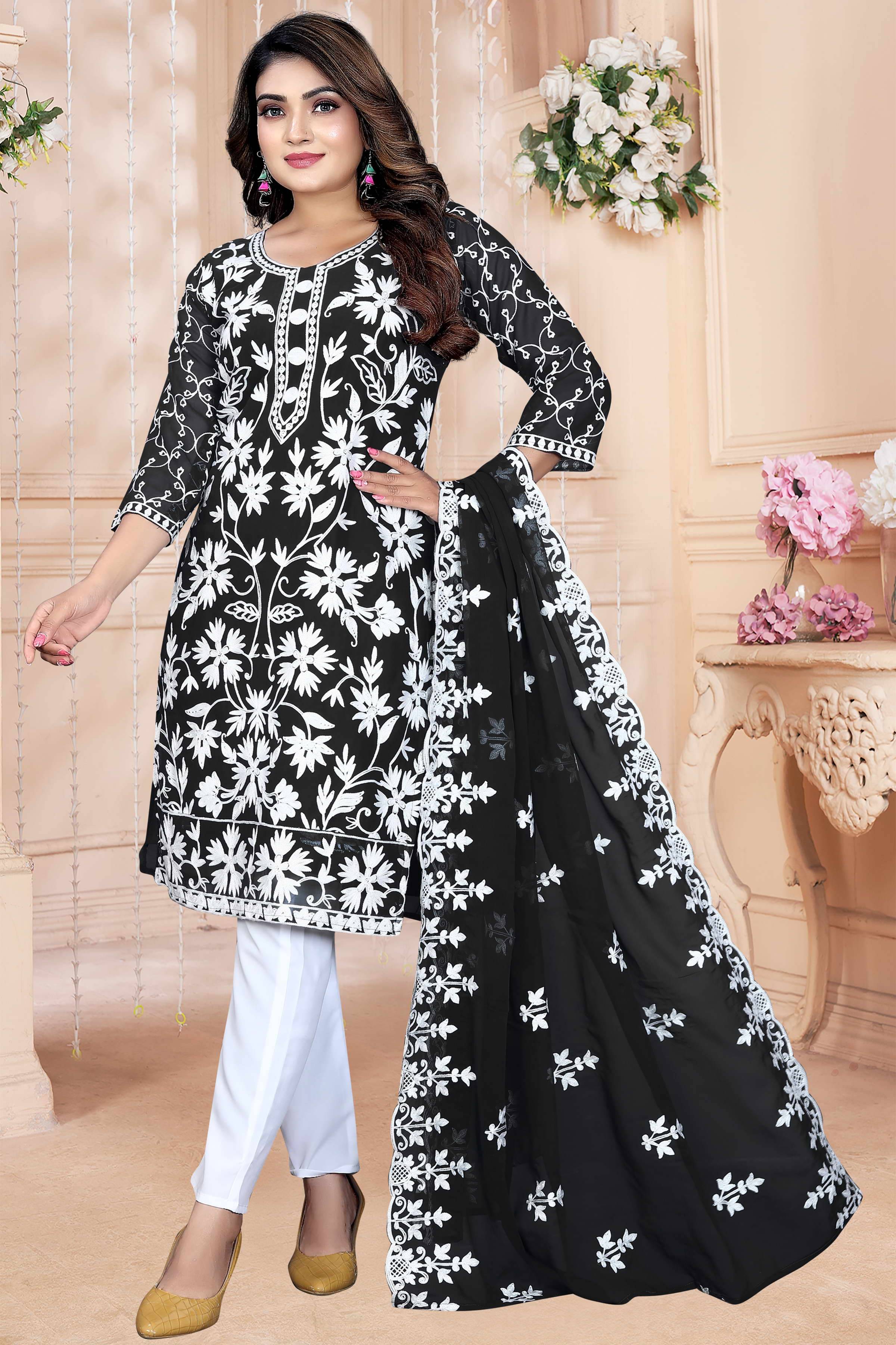     			Shree Ganesh Fashion Georgette Embroidered Kurti With Pants Women's Stitched Salwar Suit - Black ( Pack of 1 )