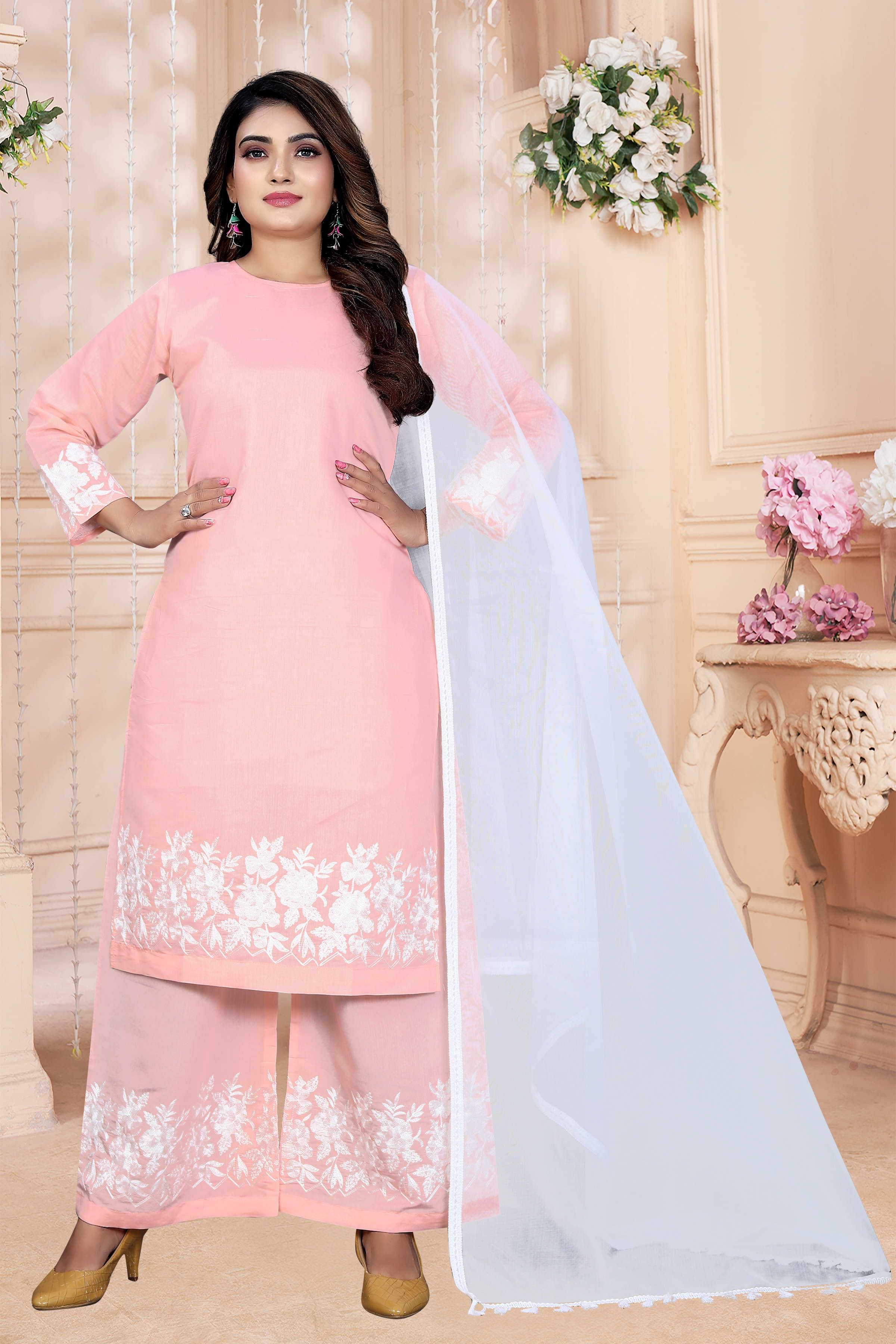     			Shree Ganesh Fashion Silk Embroidered Kurti With Palazzo Women's Stitched Salwar Suit - Peach ( Pack of 1 )
