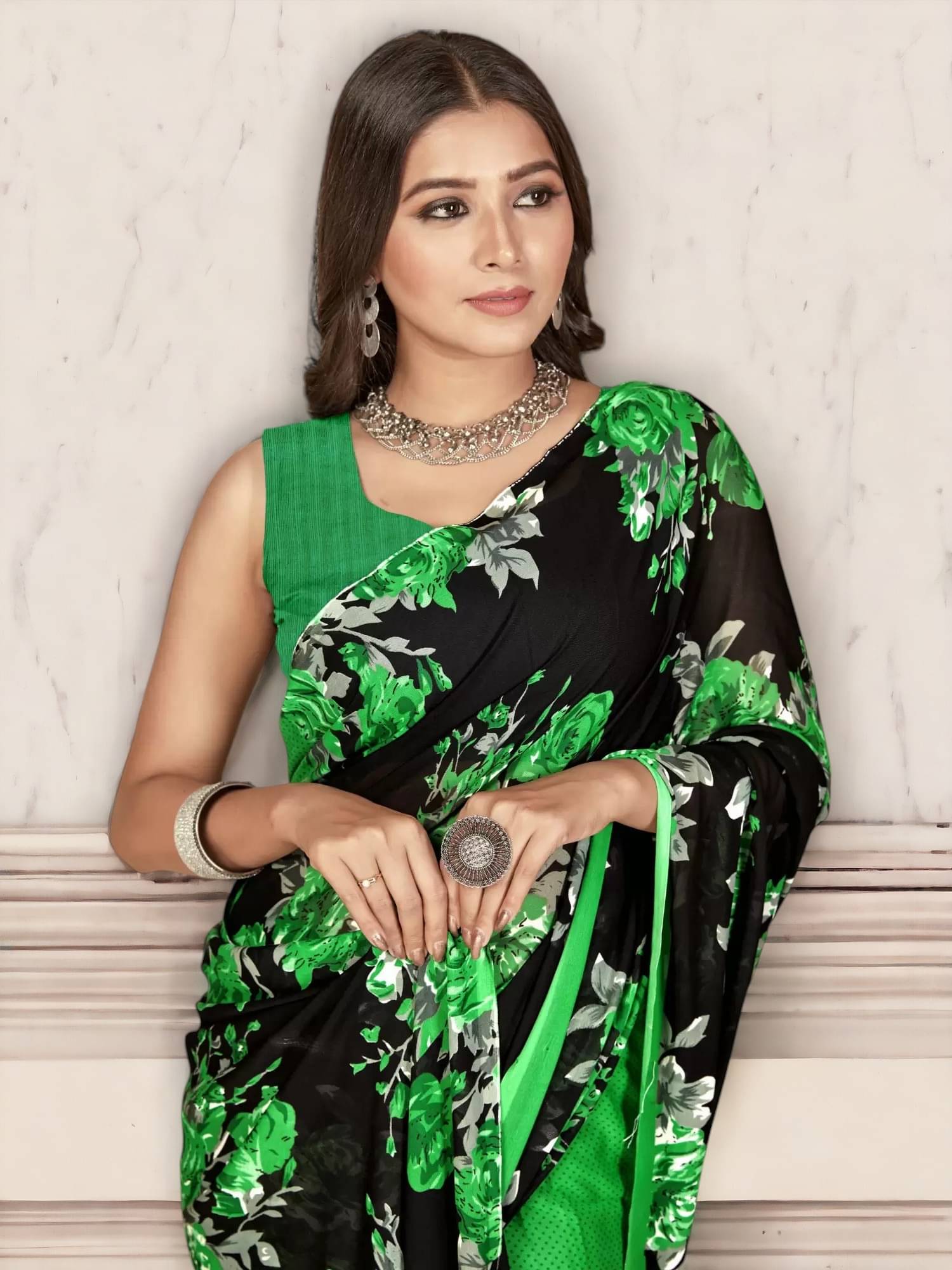     			TTH Georgette Embroidered Saree With Unstitched Blouse Piece ( Green )