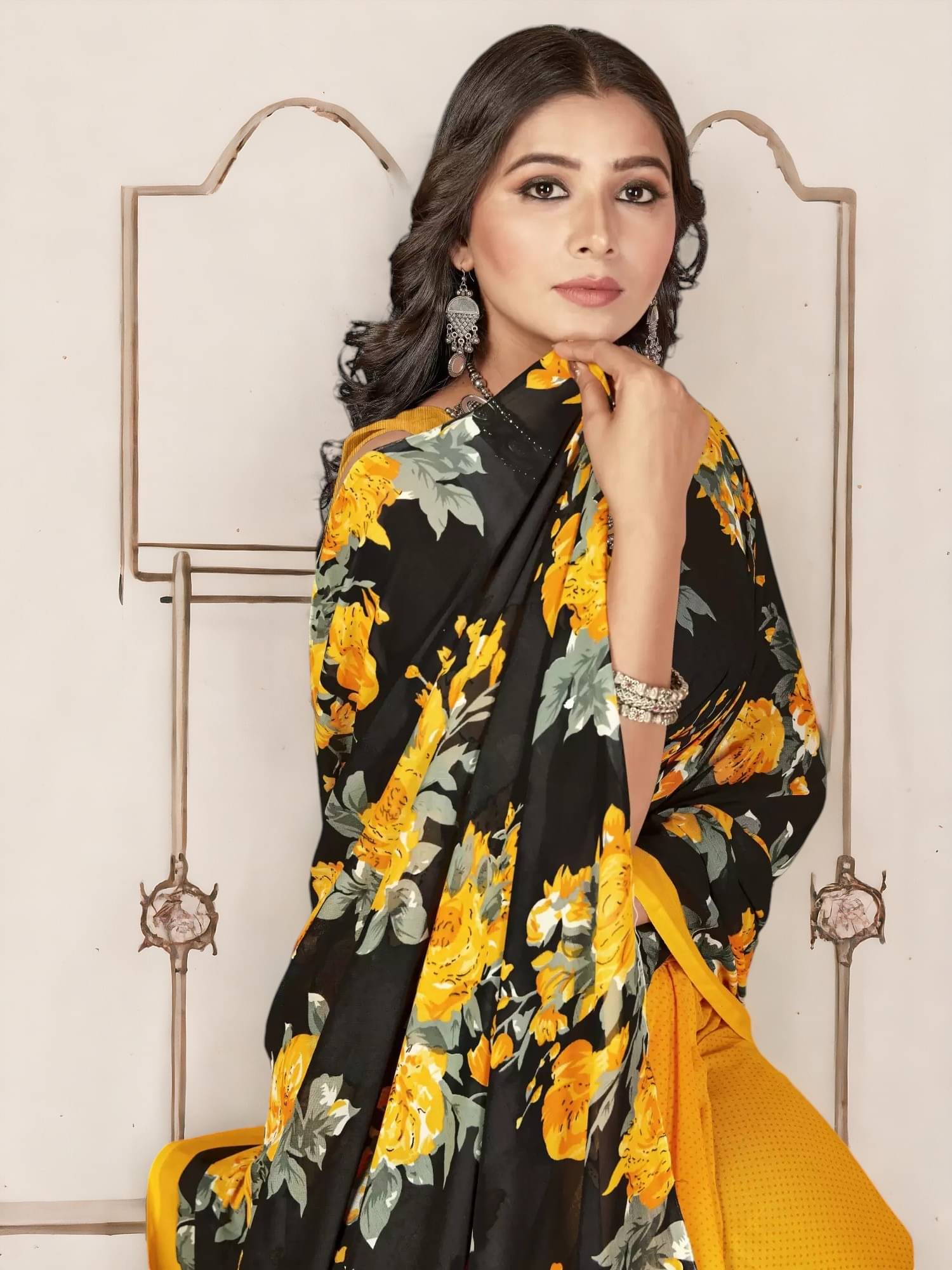 TTH Georgette Embroidered Saree With Unstitched Blouse Piece ( Yellow ) TTH Georgette Embroidered Saree With Unstitched Blouse Piece ( Yellow )