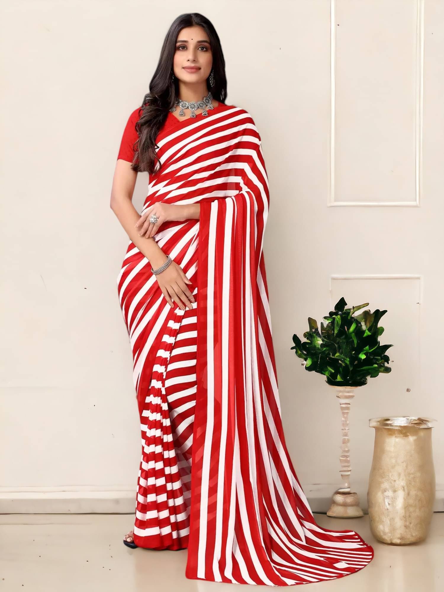     			TTH Georgette Embroidered Saree With Unstitched Blouse Piece ( Red )