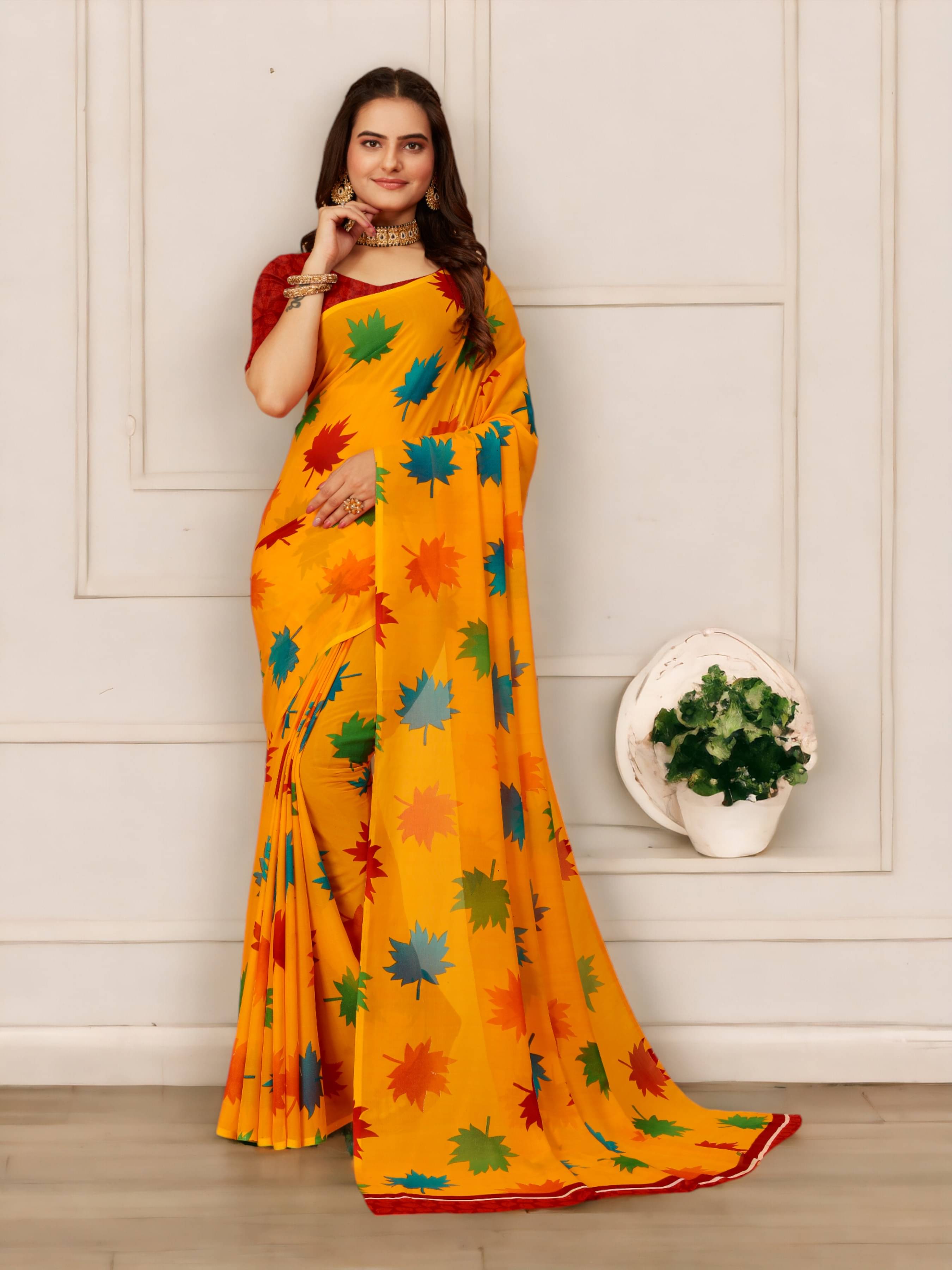 TTH Georgette Embroidered Saree With Unstitched Blouse Piece ( Yellow )     			TTH Georgette Embroidered Saree With Unstitched Blouse Piece ( Yellow )