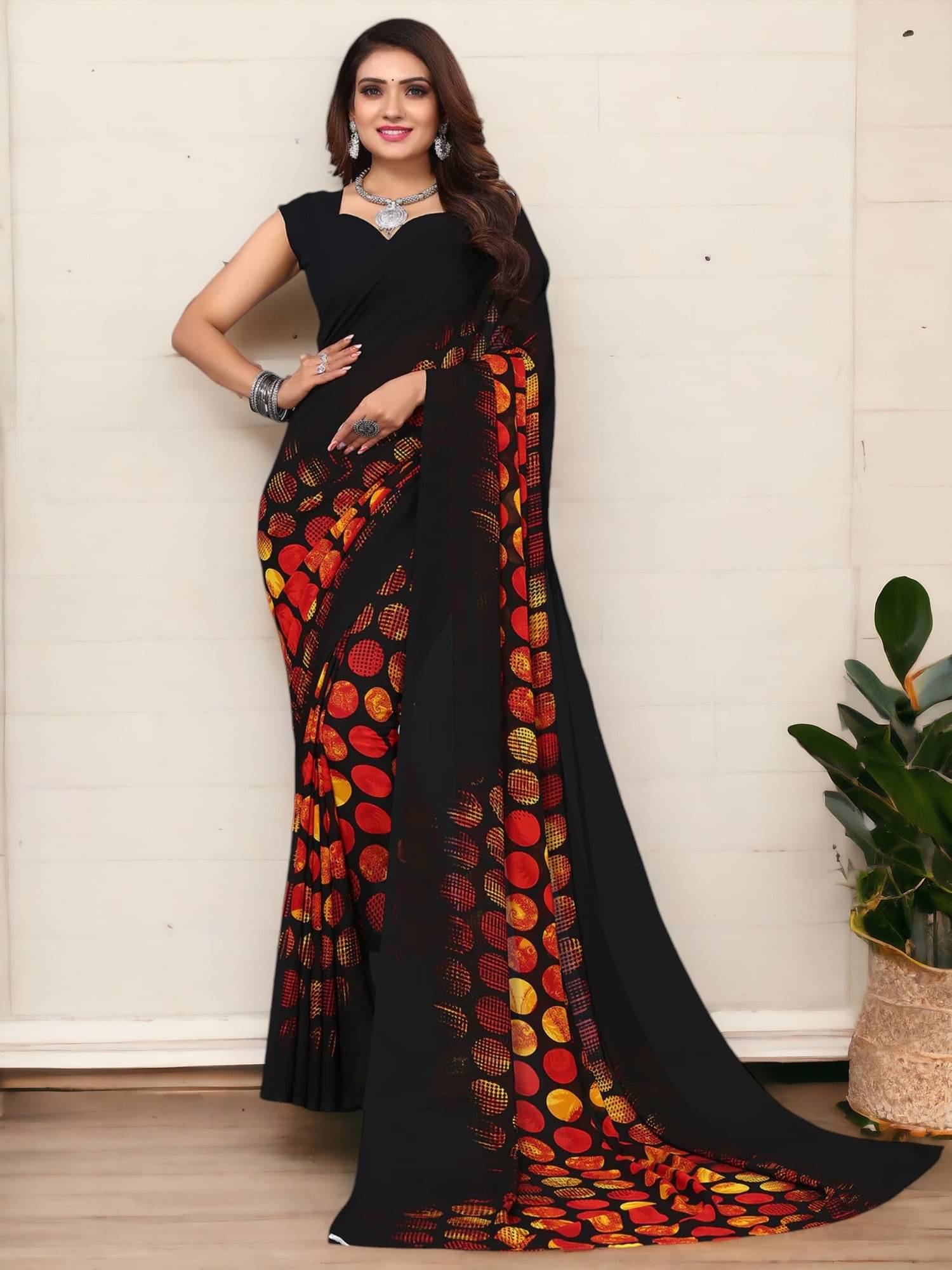 TTH Georgette Embroidered Saree With Unstitched Blouse Piece ( Black )     			TTH Georgette Embroidered Saree With Unstitched Blouse Piece ( Black )