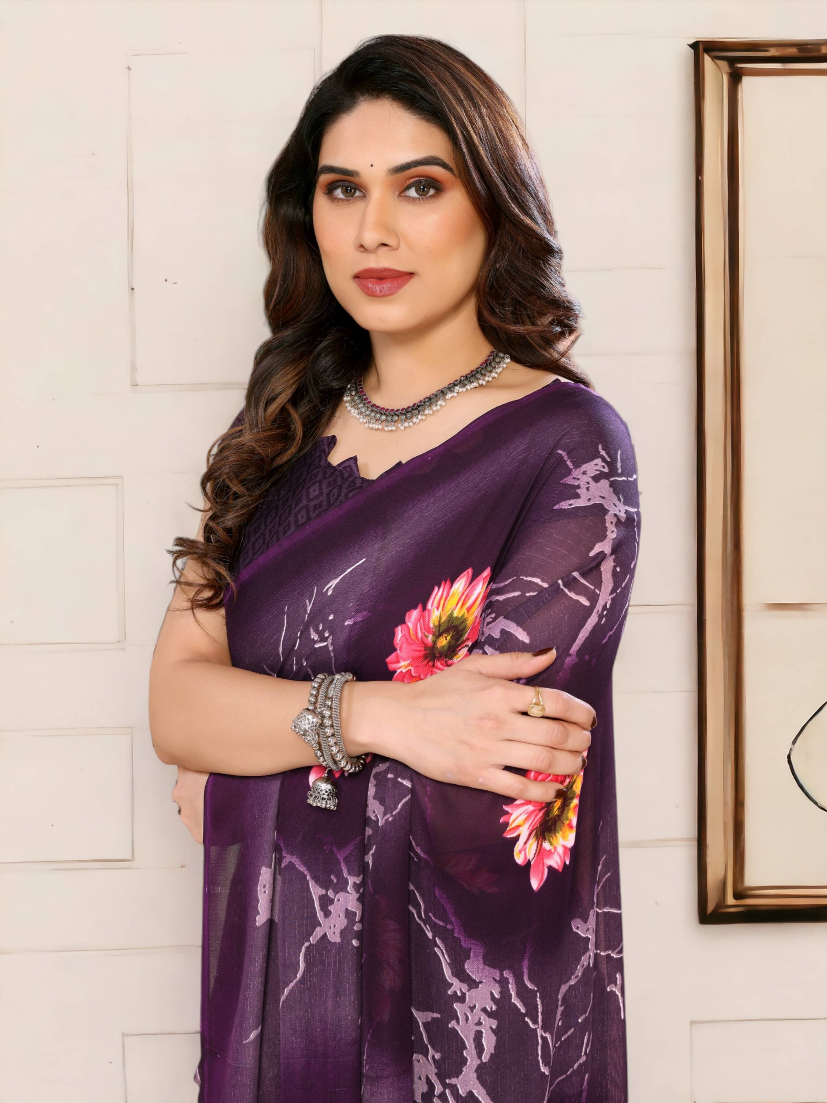 TTH Georgette Printed Saree With Unstitched Blouse Piece ( Purple ) TTH Georgette Printed Saree With Unstitched Blouse Piece ( Purple )