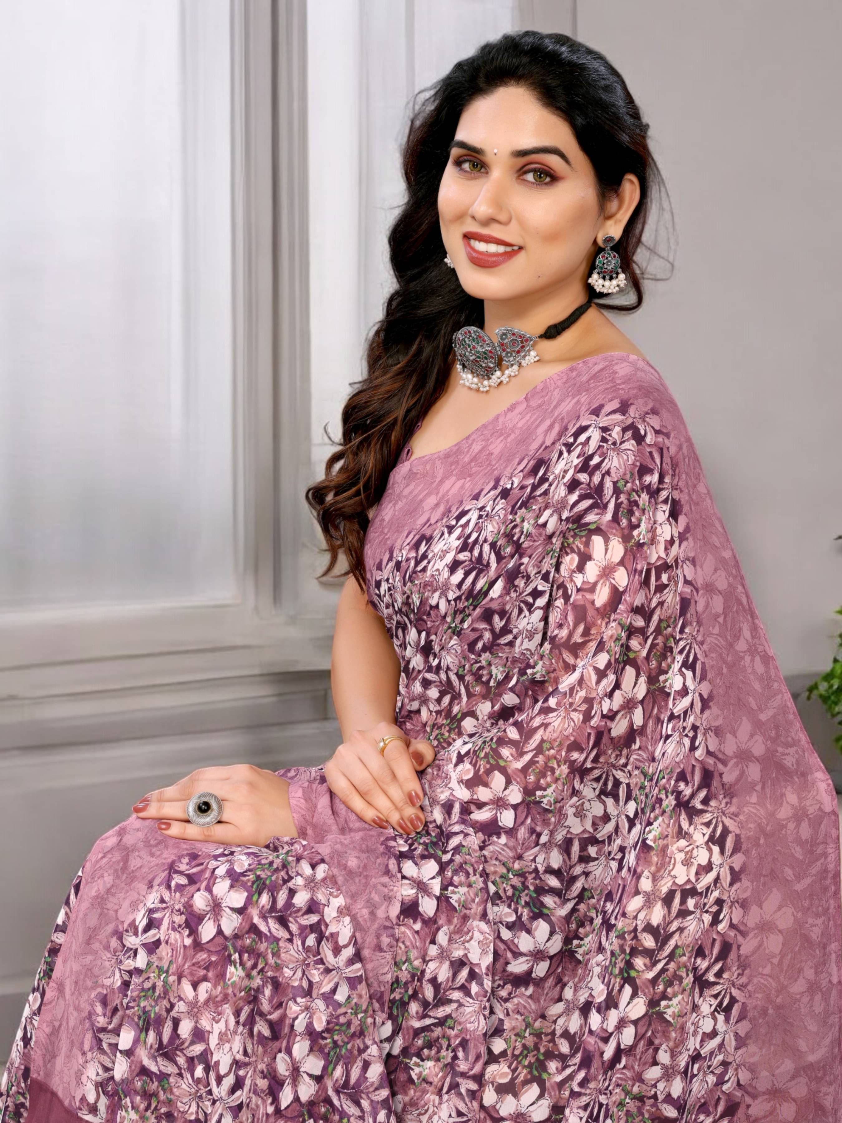     			TTH Georgette Printed Saree With Unstitched Blouse Piece ( Pink )