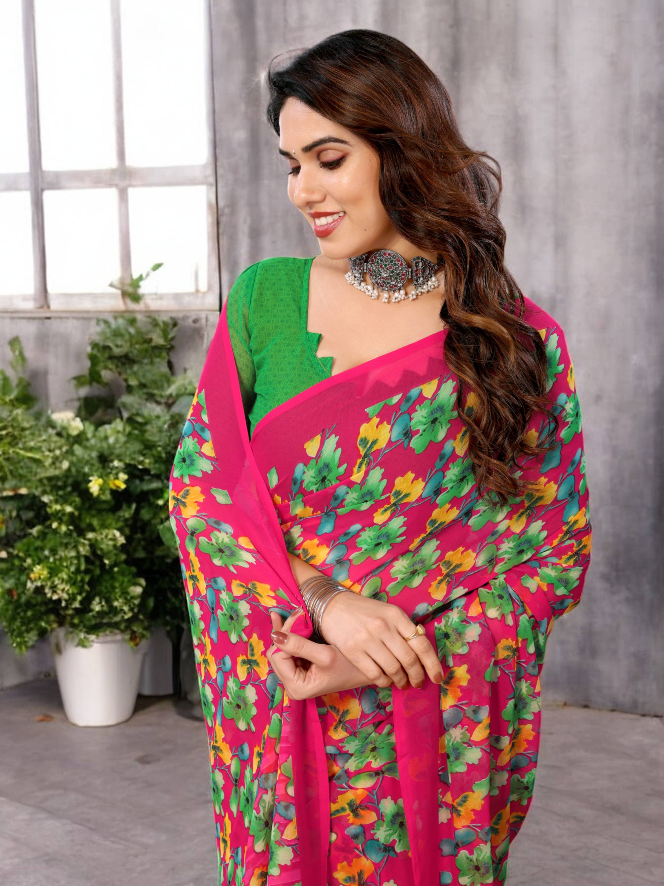     			TTH Georgette Printed Saree With Unstitched Blouse Piece ( Pink )