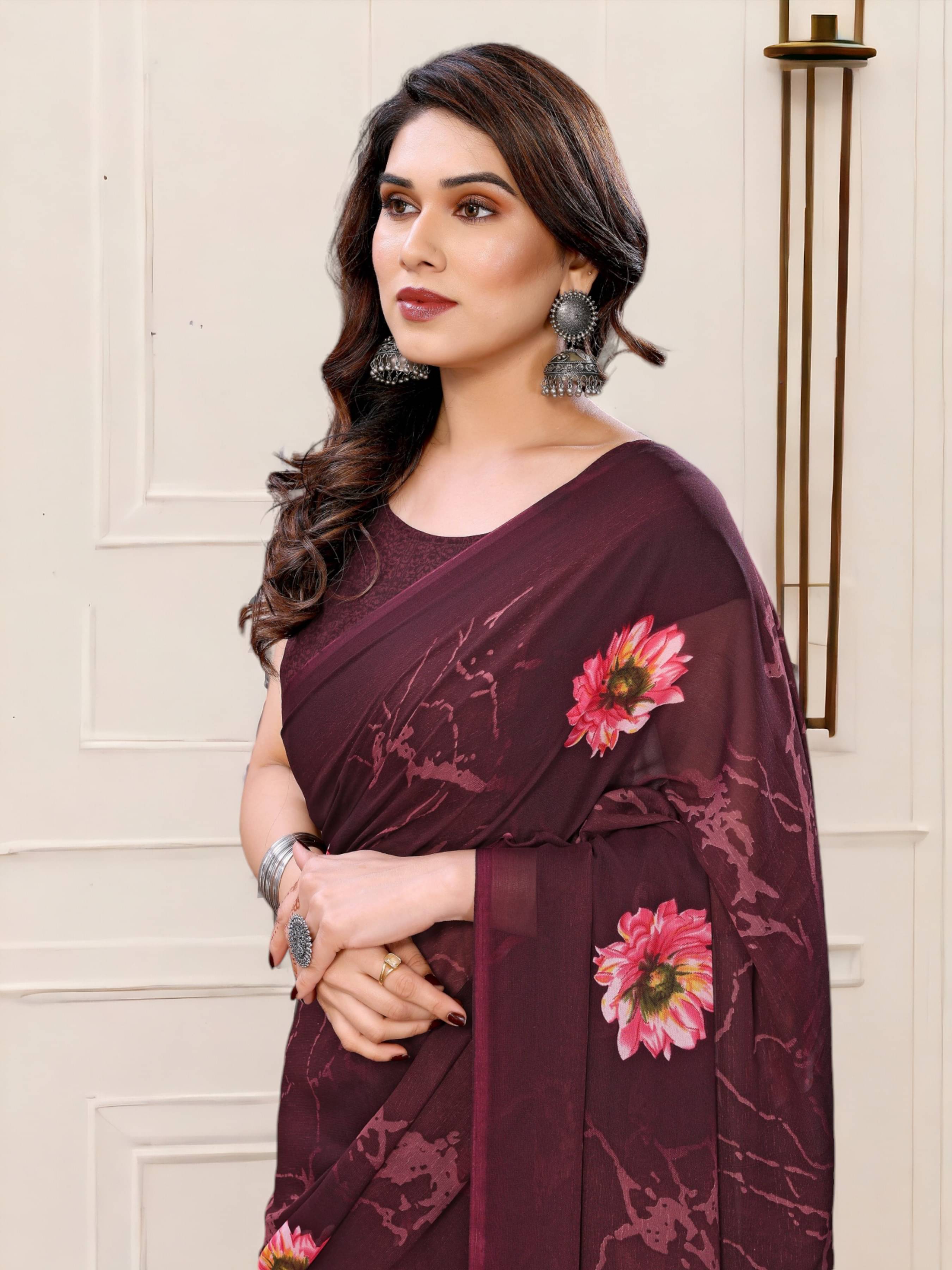    			TTH Georgette Printed Saree With Unstitched Blouse Piece ( Magenta )