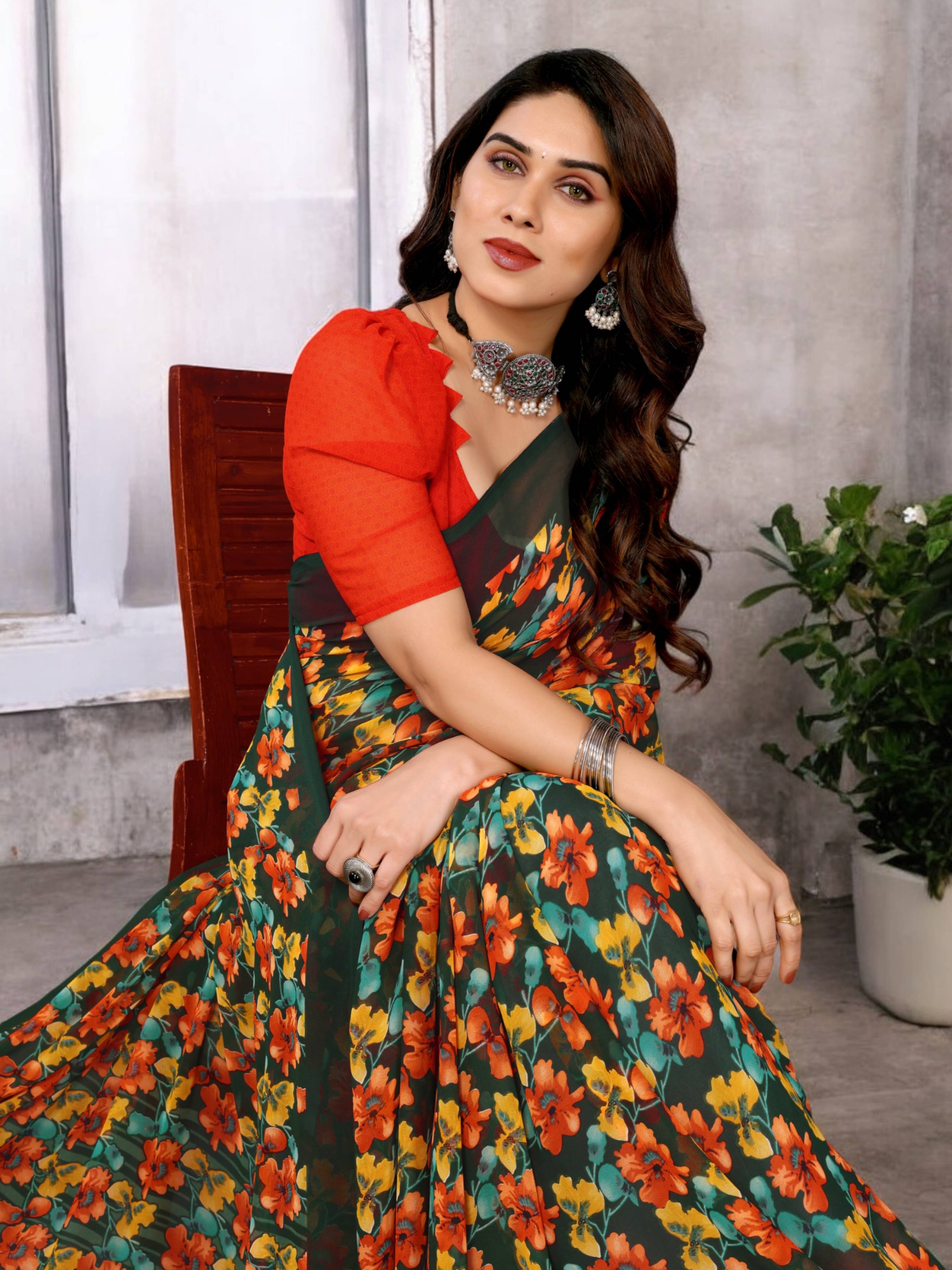     			TTH Georgette Printed Saree With Unstitched Blouse Piece ( Green )