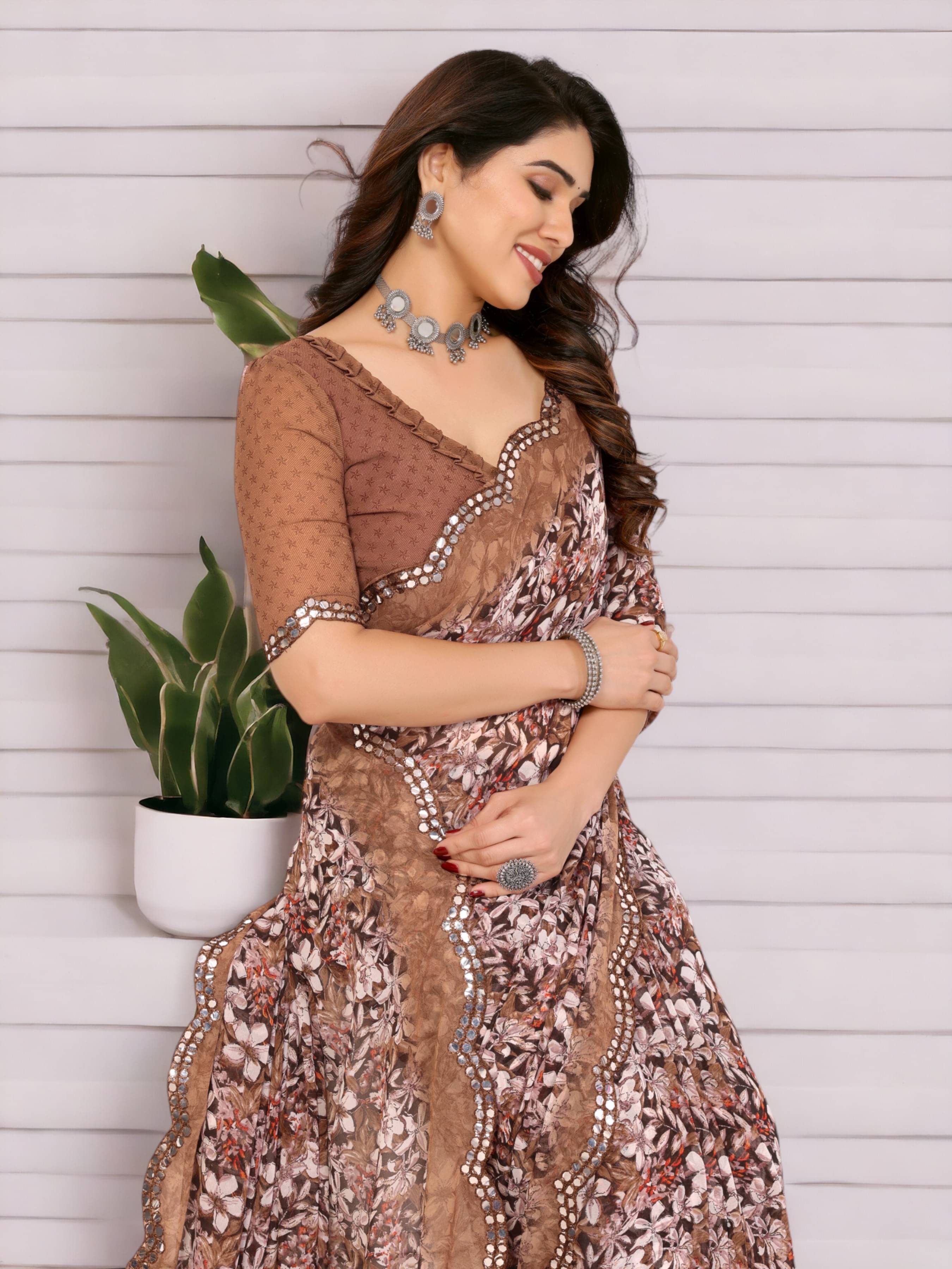     			TTH Georgette Printed Saree With Unstitched Blouse Piece ( Cream )