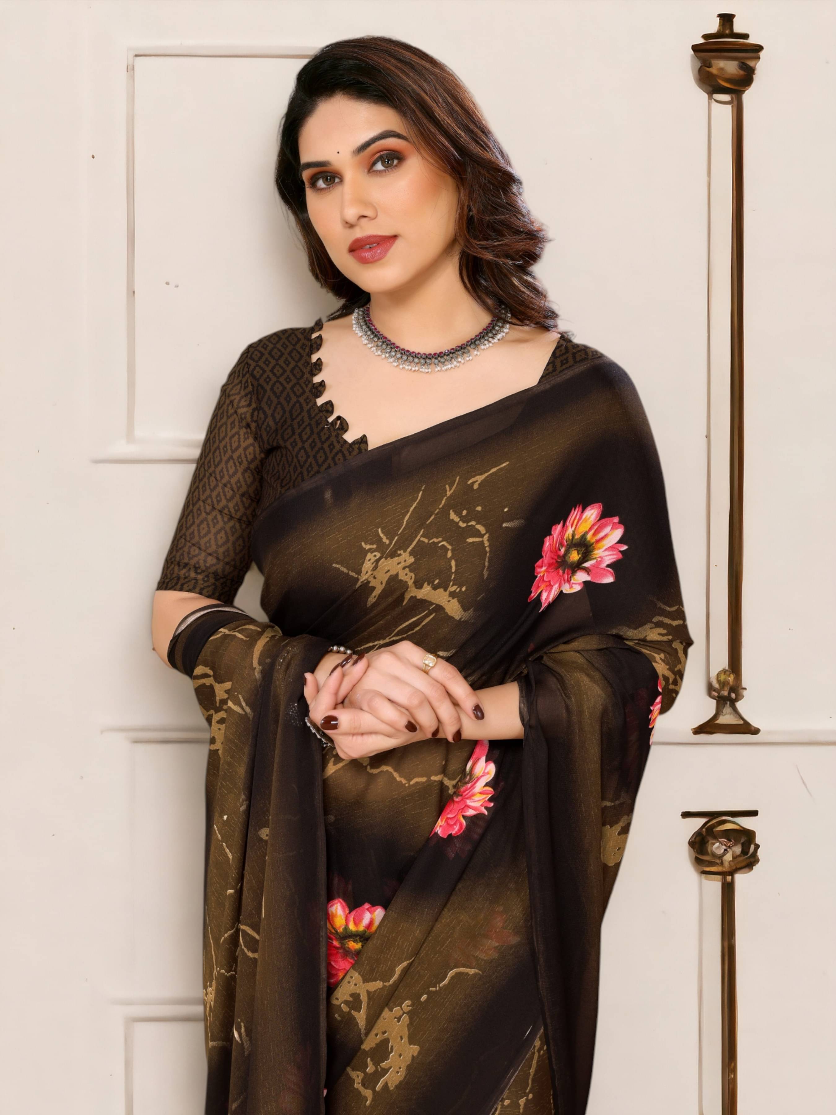 TTH Georgette Printed Saree With Unstitched Blouse Piece ( Brown ) TTH Georgette Printed Saree With Unstitched Blouse Piece ( Brown )