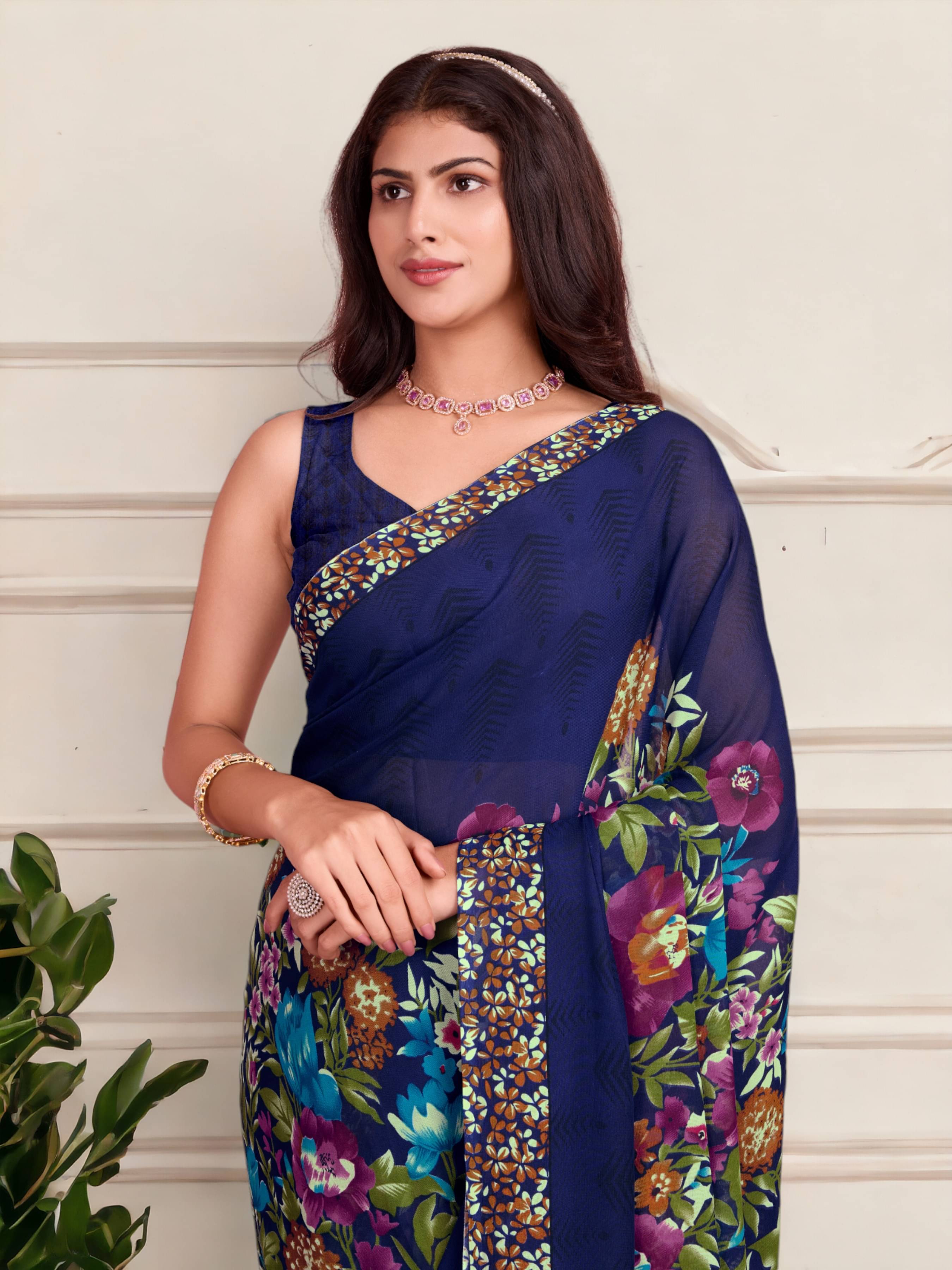     			TTH Georgette Printed Saree With Unstitched Blouse Piece ( Blue )