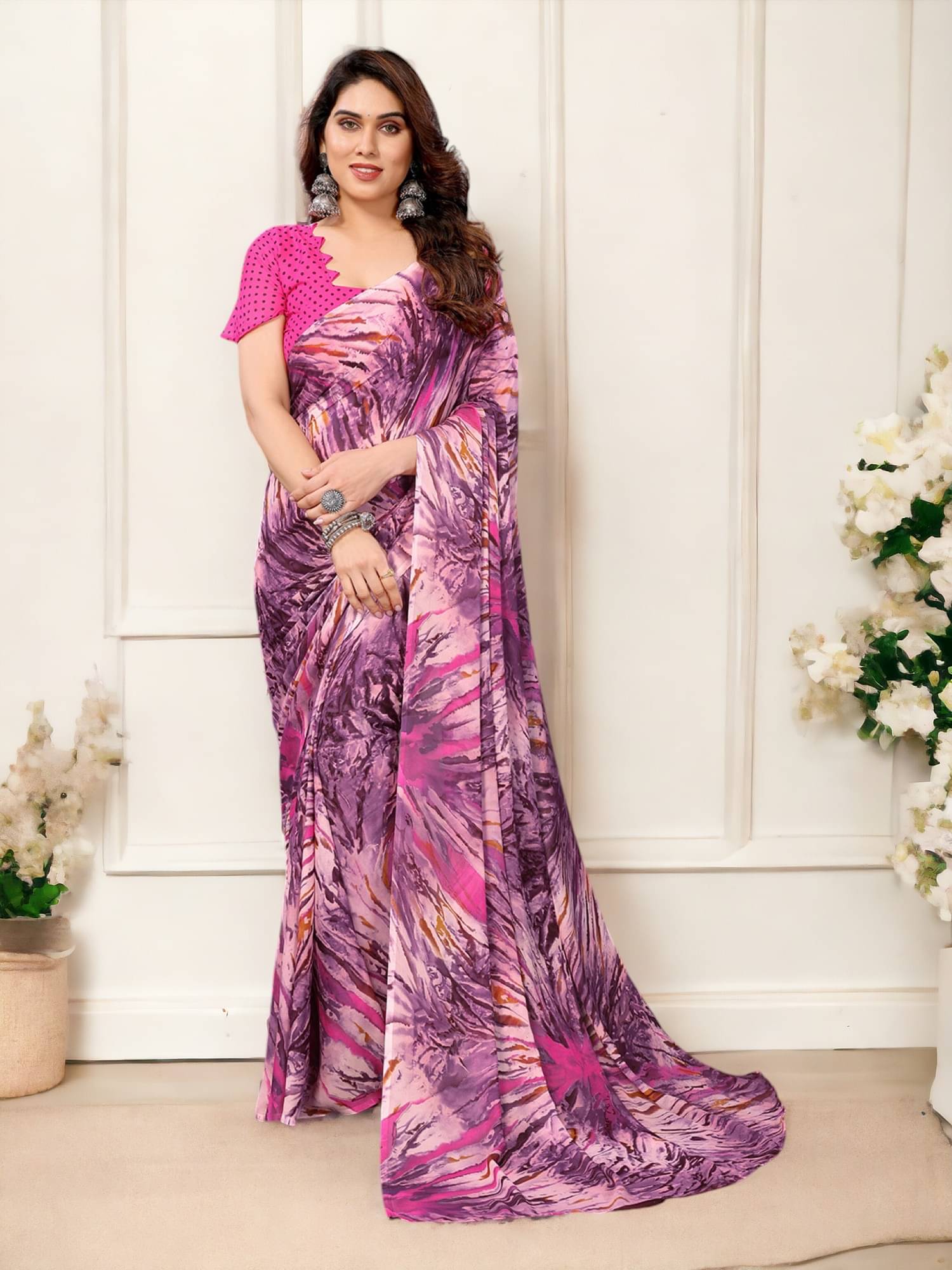 TTH Georgette Printed Saree With Unstitched Blouse Piece ( Pink ) TTH Georgette Printed Saree With Unstitched Blouse Piece ( Pink )