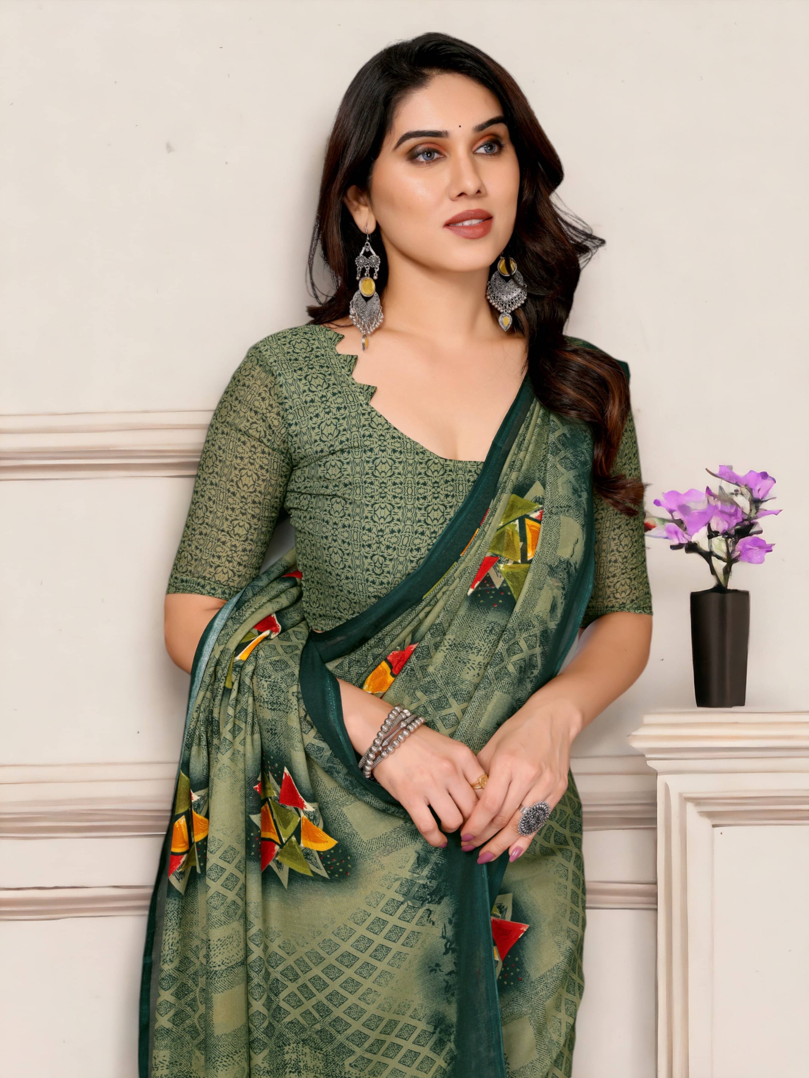     			TTH Georgette Printed Saree With Unstitched Blouse Piece ( Green )