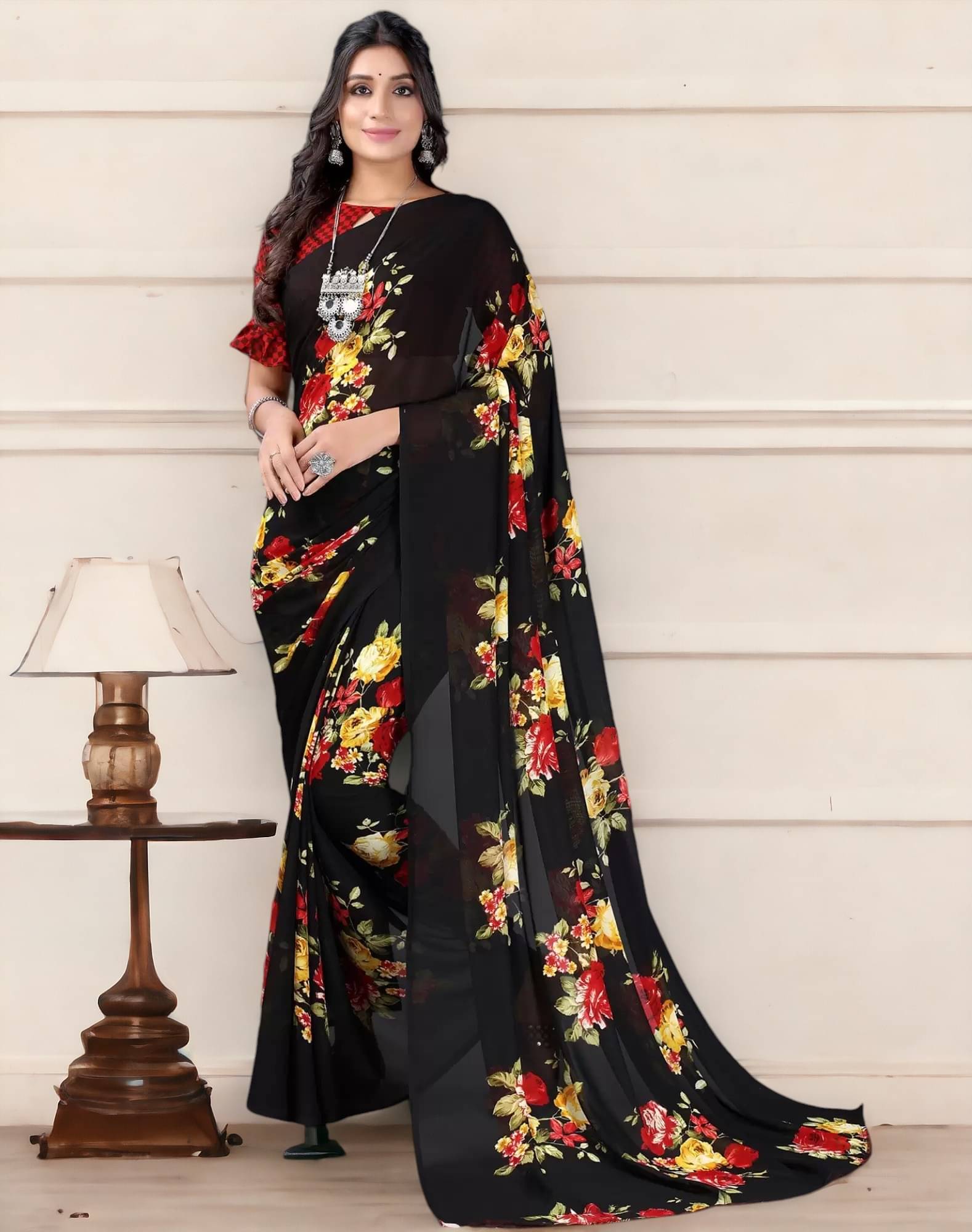 TTH Georgette Printed Saree With Unstitched Blouse Piece ( Black ) TTH Georgette Printed Saree With Unstitched Blouse Piece ( Black )